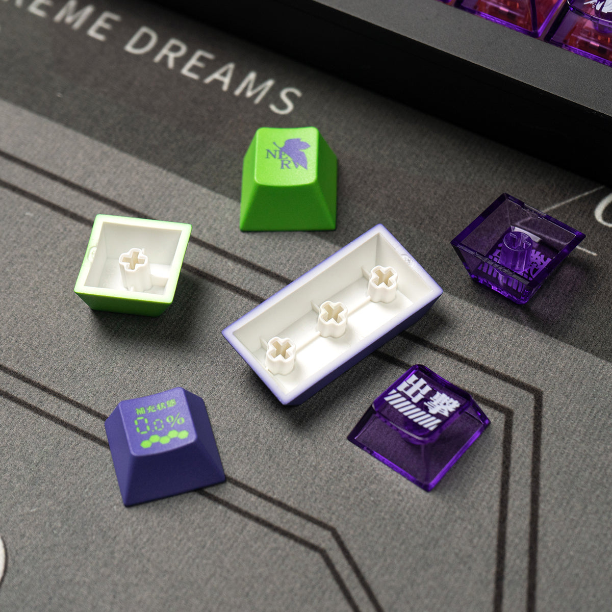 Mecha Themed EVA Mechanical Keyboard Keycaps Set - PBT Sublimation & PC Transparent Transfer Printing - OEM Height for Gaming & Typing Enthusiasts