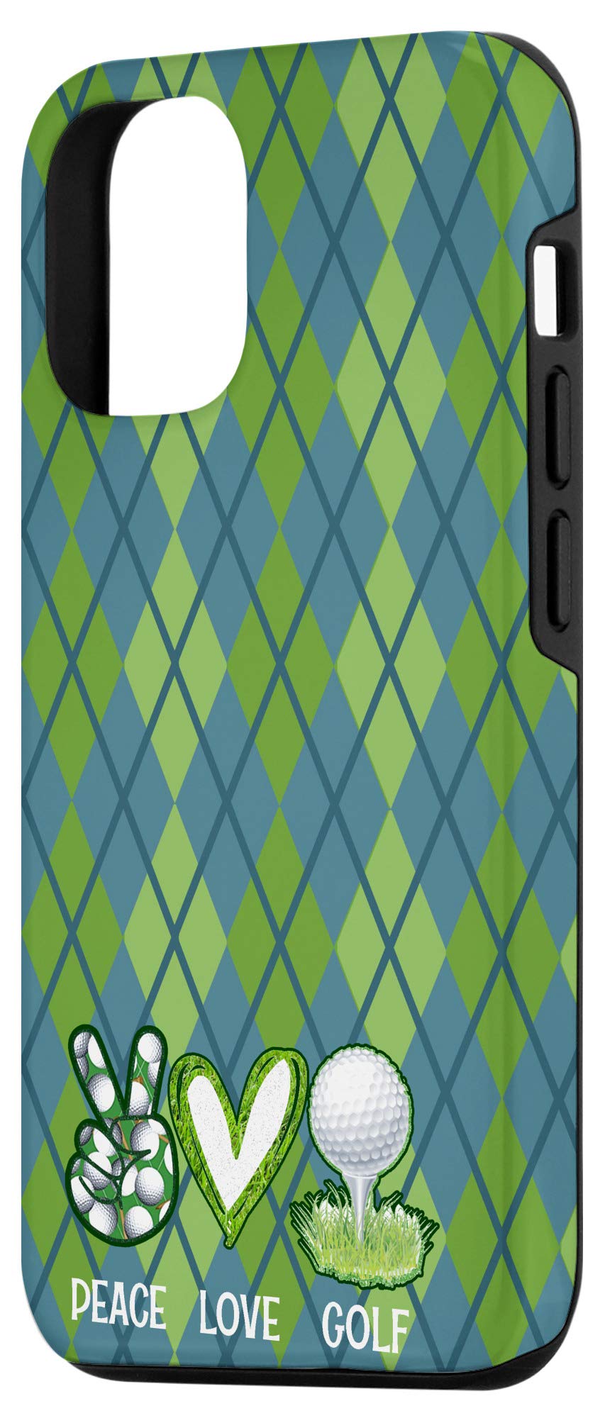 Premium iPhone 12/12 Pro Case - Green & Blue Argyle Pattern with Peace, Love & Golf Ball Heart Design | Trendy Protective Cover for Everyday Use, Golf Outings & Casual Style