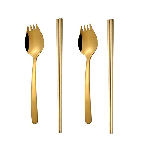 Premium MBB Gold Stainless Steel Chopsticks & Sporks Set - 2-Piece Flatware for Asian Cuisine, Camping, and Travel | Elegant Dinnerware Utensils for Home & Outdoor Use