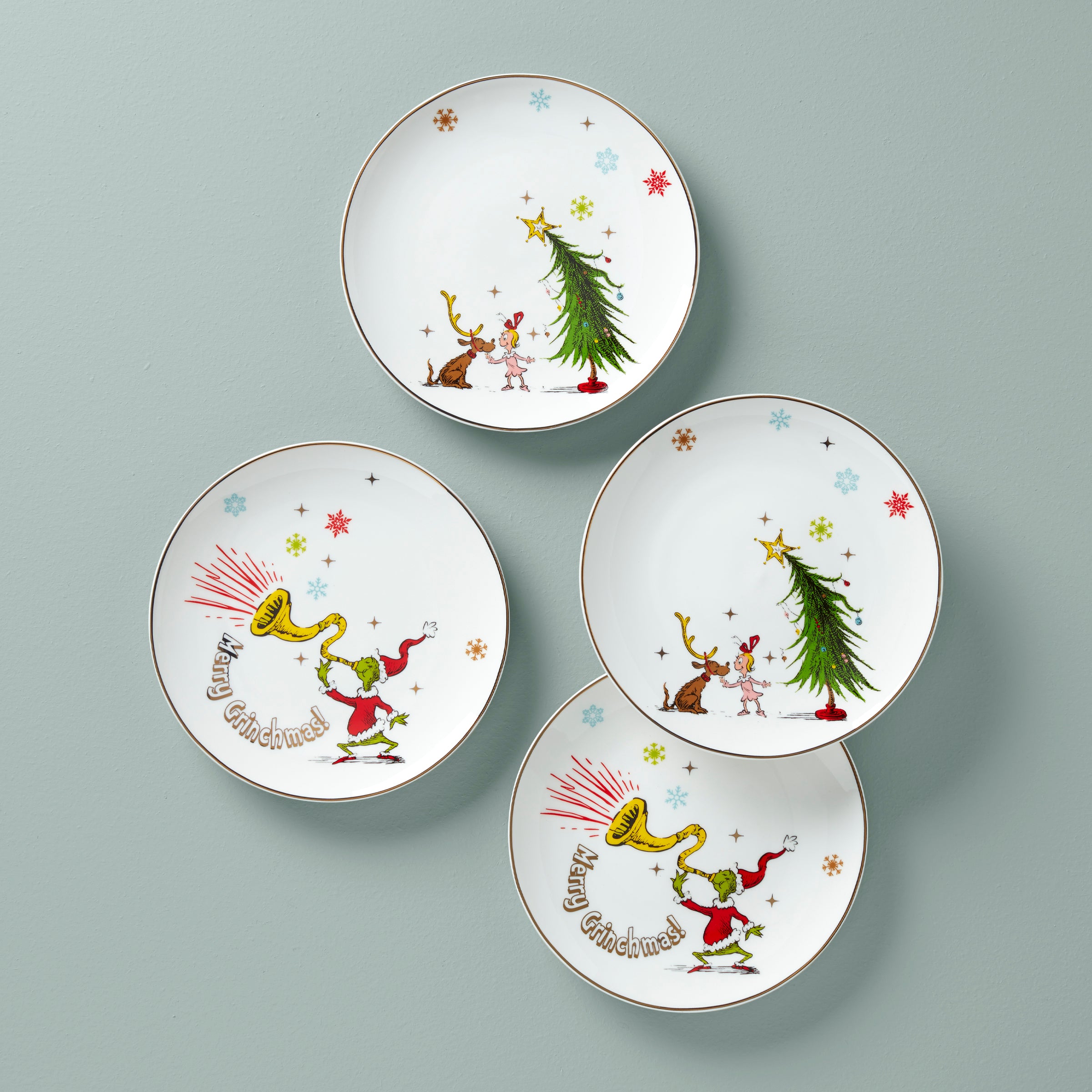 Merry Grinchmas Assorted Accent Plates Set of 4 - Festive Christmas Dinnerware for Holiday Parties & Themed Decor
