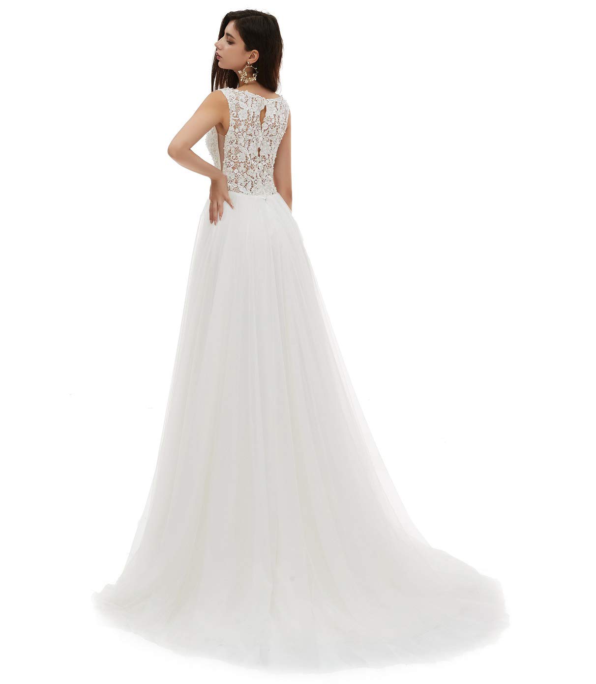Elegant Women's V-Neck Beaded Lace Applique Wedding Dress for Beach Bridal Party & Summer Destination Ceremonies