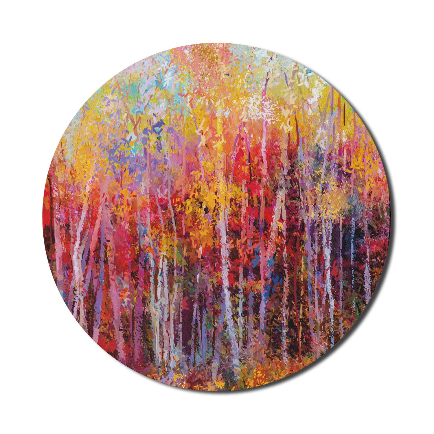 Ambesonne Nature Mouse Pad - Vibrant Autumn Forest Trees Impressionist Art, Non-Slip Thick Rubber Gaming Mousepad, 8 Inch Round Pale Grey - Perfect for Office, Gaming & Computer Workstations