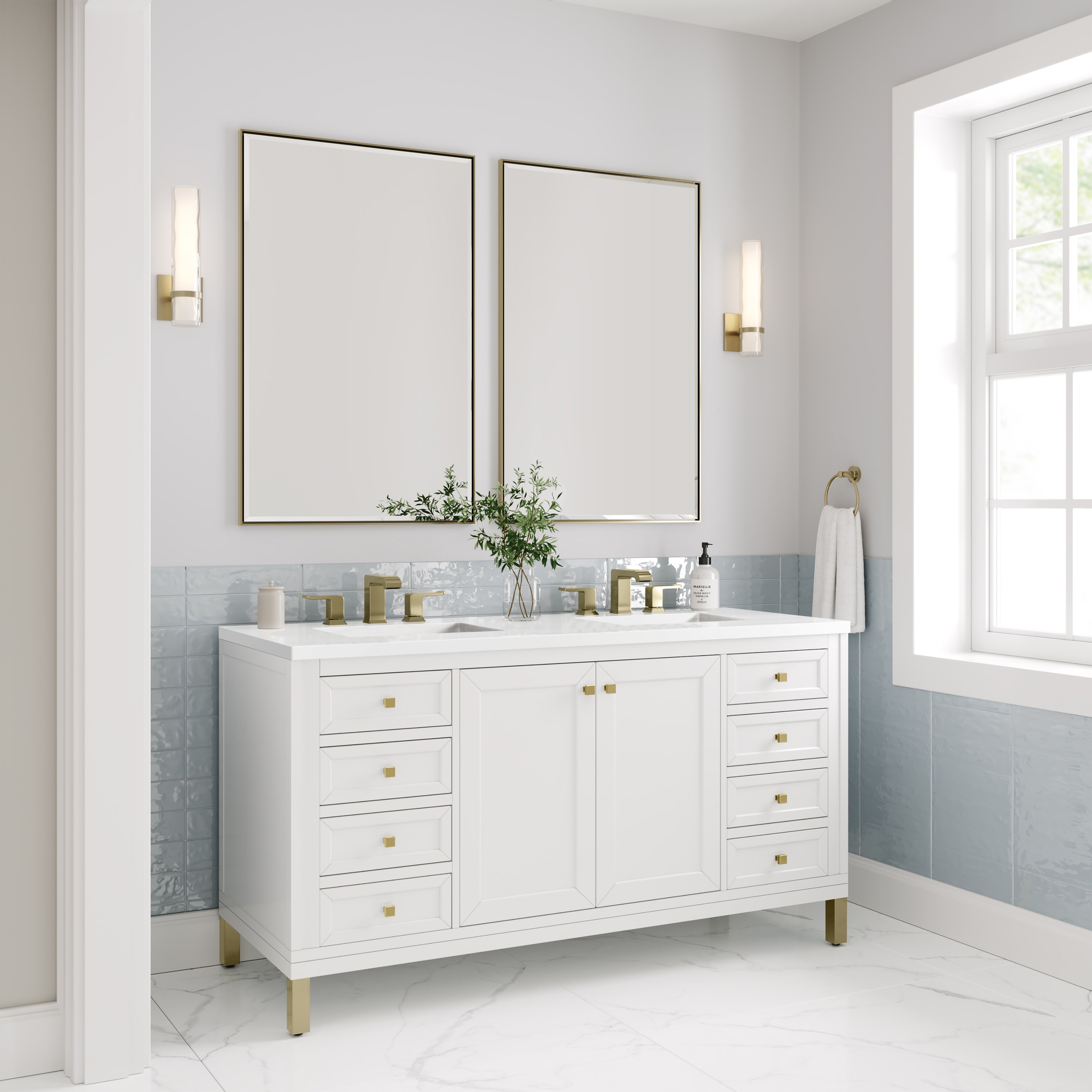 Chicago 60-Inch Double Bathroom Vanity with White Zeus Quartz Top - Glossy White Finish for Modern Bathrooms | Perfect for Master Bath, Guest Bath & Home Renovation