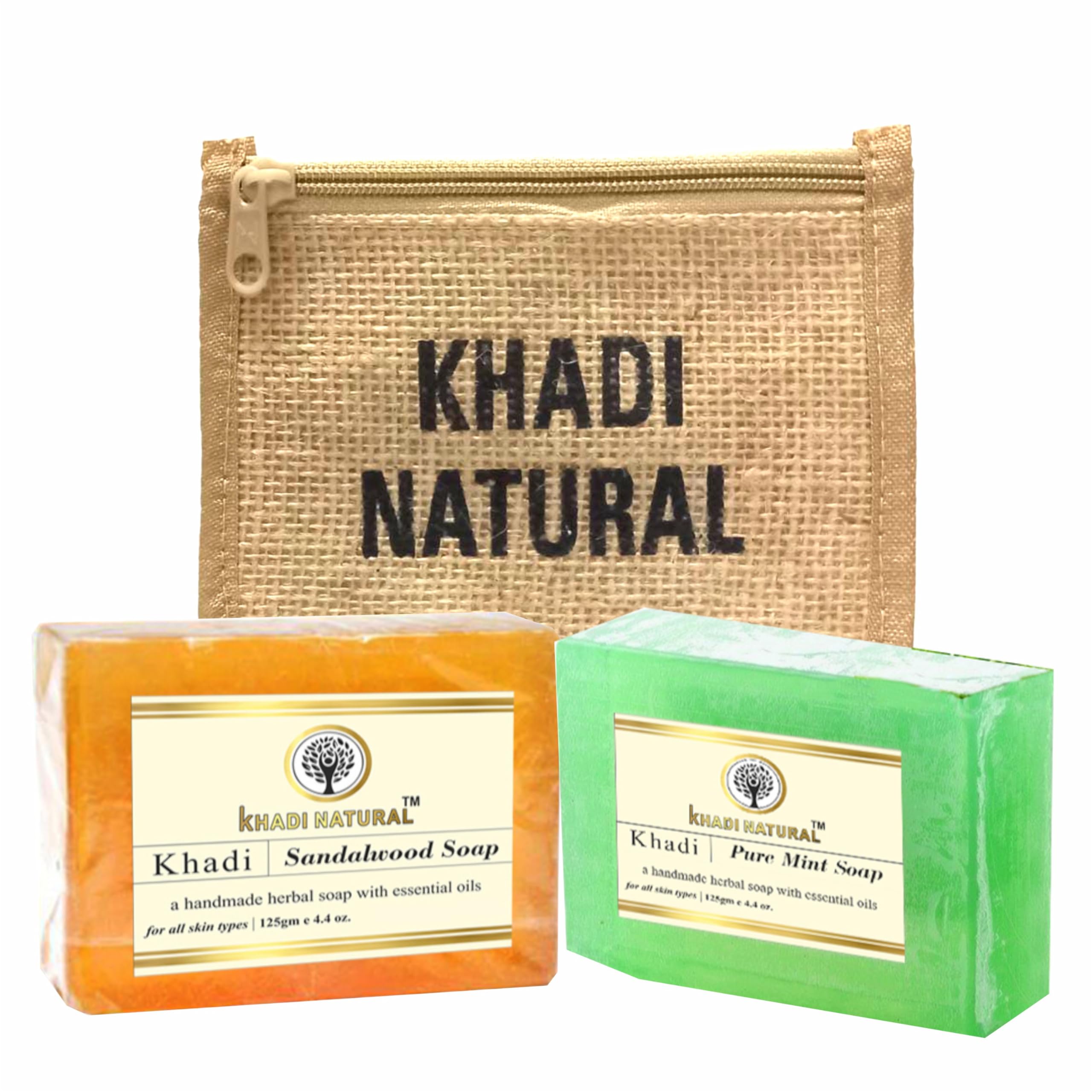 Khadi Natural Handmade Bath Soap with Jute Bag - 125g Sandalwood PureMint | Organic Vegan Soap for Sensitive Skin | Perfect for Spa Day, Gift Sets & Eco-Friendly Bathing