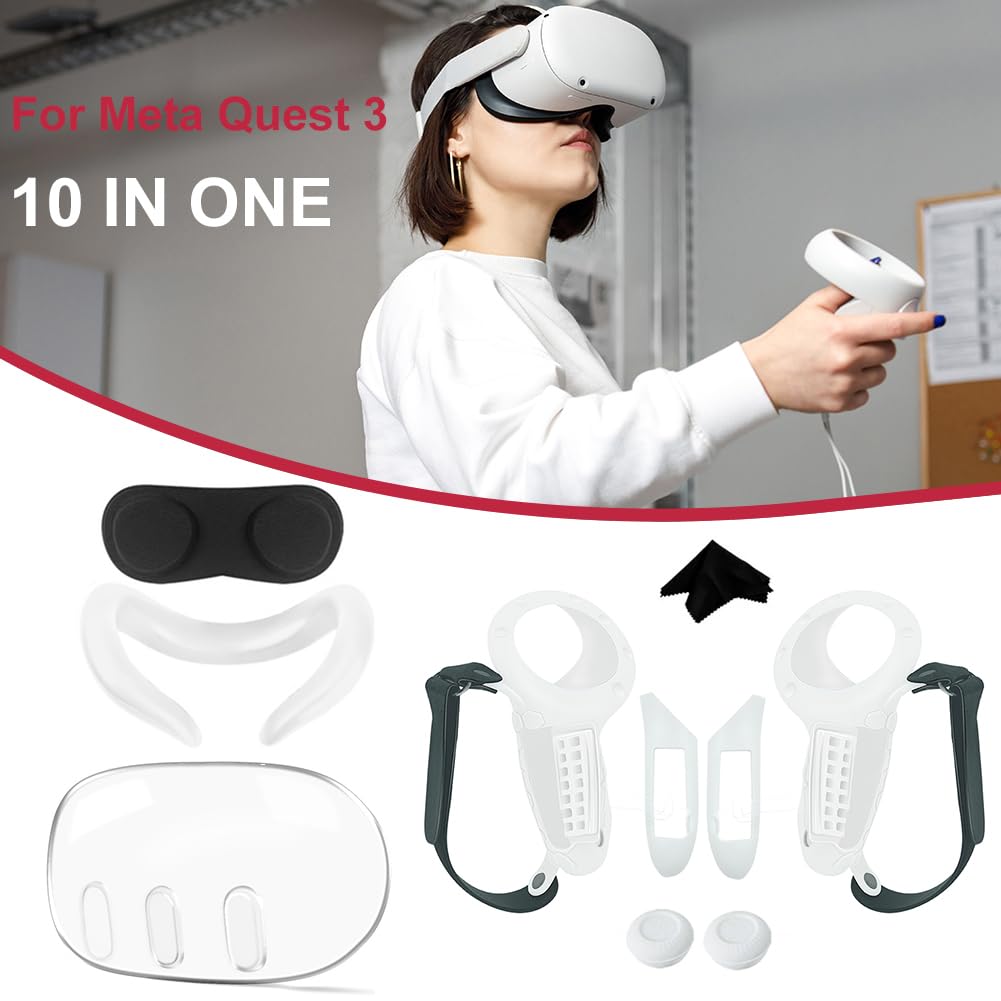 AZURAOKEY 10-in-1 Silicone Cover Set Compatible with Quest 3 VR Accessories - Includes VR Headset Cover, Touch Controller Protectors & Lens Protection - Perfect for VR Gaming, Fitness & Entertainment