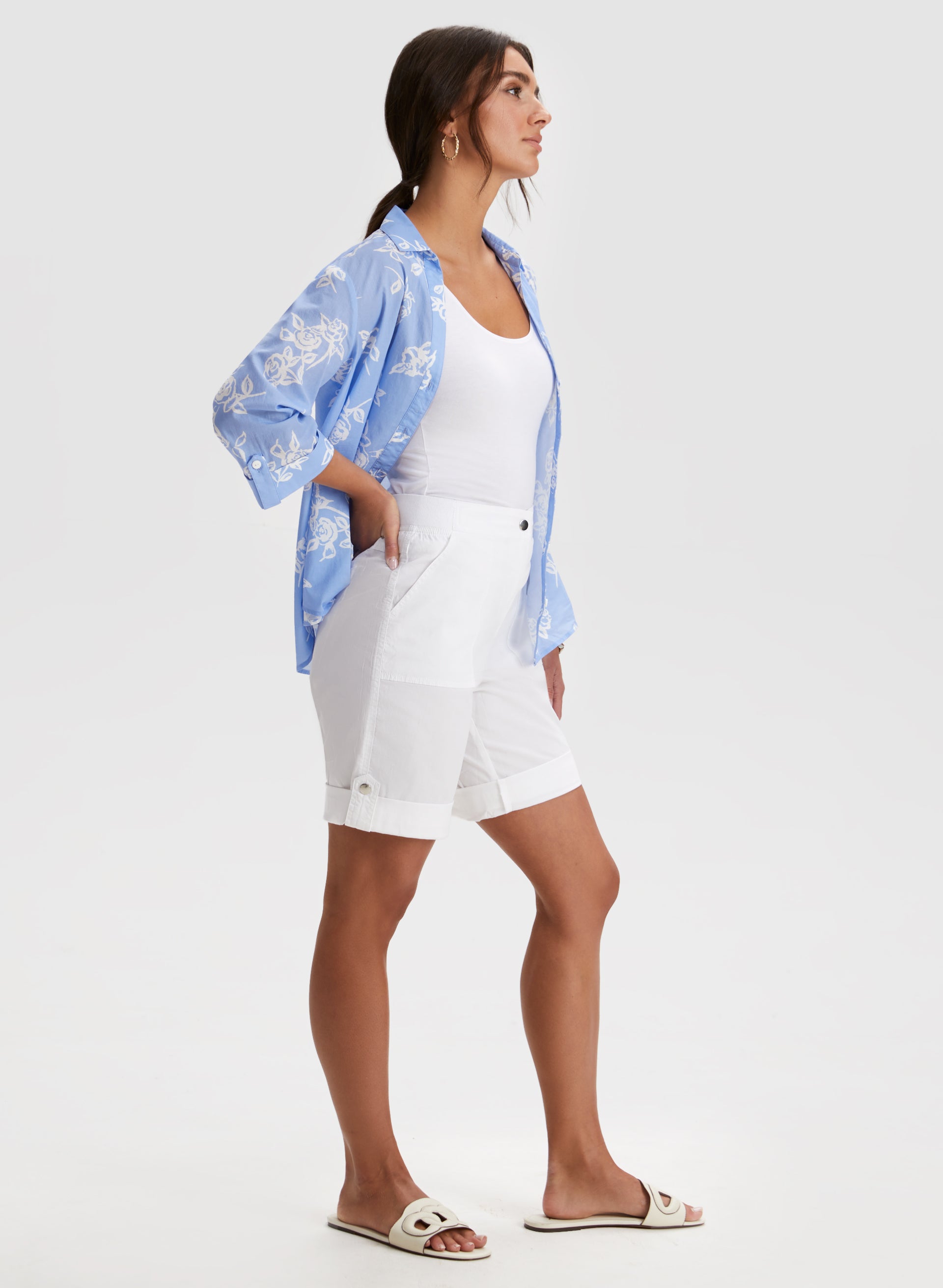Women's High Waist Cuffed Denim Shorts with Tab Detail - Casual Summer Outfit for Beach & Street Style
