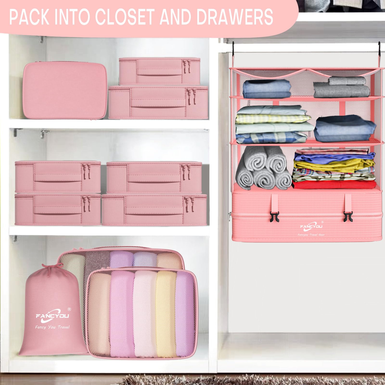 Upgraded Hanging Packing Cubes for Suitcase - 17x12x24in Nylon Organizer Bags | Compression Travel Essentials for Business Trips & Vacations | Perfect for Carry-On Luggage & Closet Organization