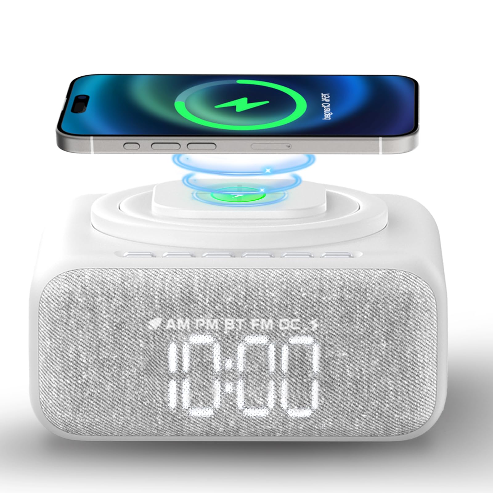 Wireless Charging Alarm Clock Radio with Bluetooth Speaker, White Noise Machine for Sleeping - 12 Soothing Sounds, FM Radio, Adjustable LED Night Light & Phone Stand for Bedroom, Home, Office | Perfect for Nighttime Relaxation, Sleep Aid and Desk Organization