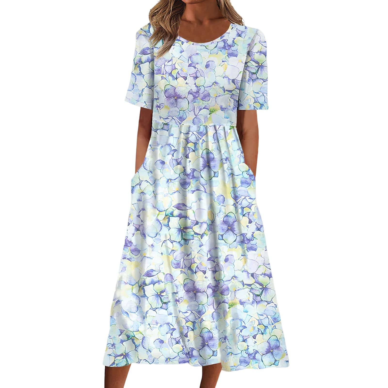 Floral Print Short Sleeve A-Line Midi Dress for Women - Casual Loose Fit Crew Neck Summer Dress with Pockets | Perfect for Beach Outings, Brunch Dates & Everyday Wear