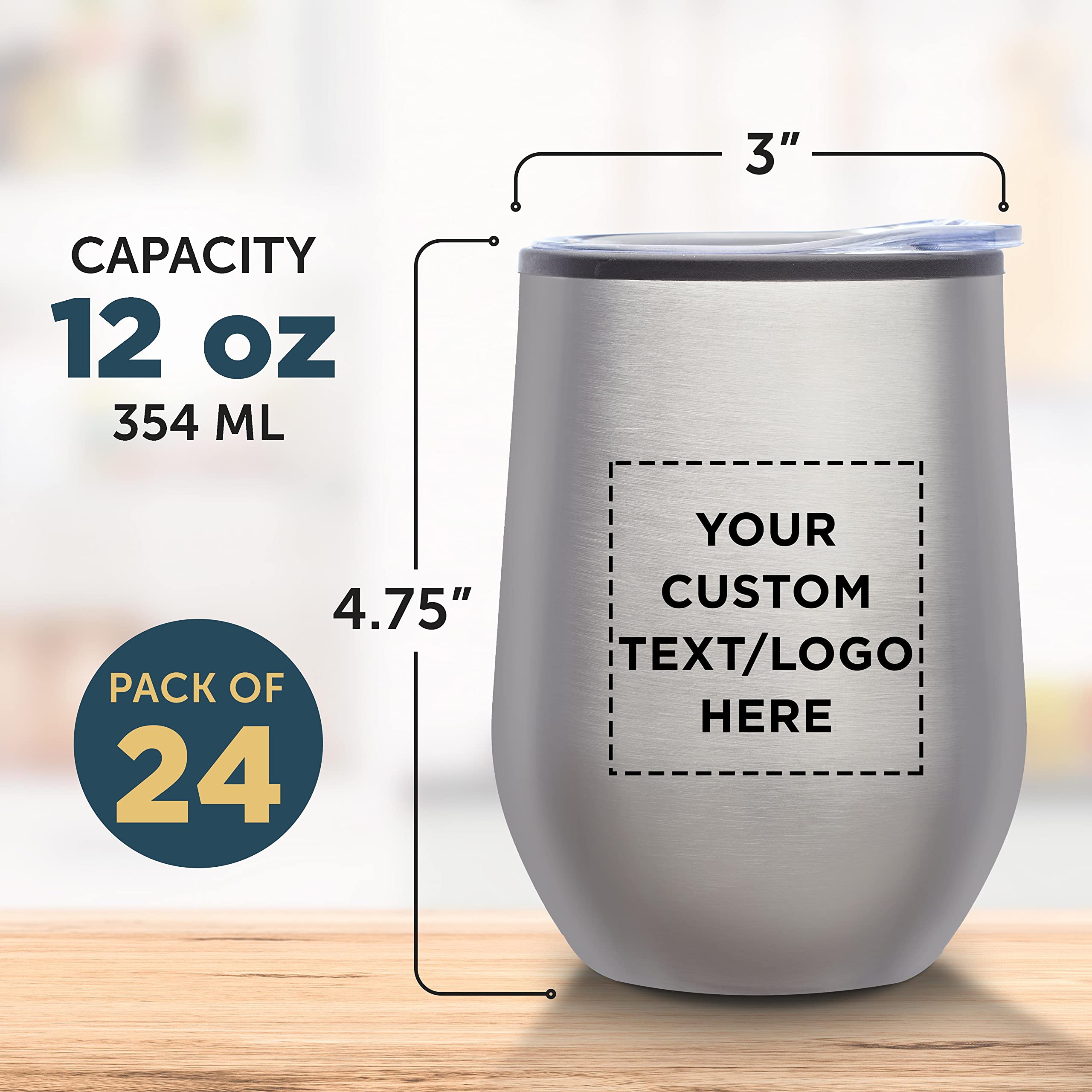 24-Pack Custom Stemless Wine Tumblers 12oz - Insulated Silver Personalized Bulk Wine Glasses for Parties, Weddings & Events - Perfect for Wine, Cocktails, Coffee & Cold Drinks