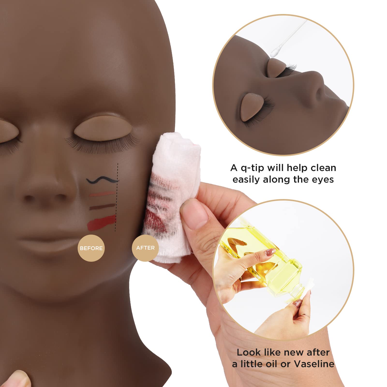 LASHVIEW Lash Mannequin Head for Eyelash Extension Practice - 4 Replaceable Eyelids, Soft-Touch Rubber Makeup Training Head (Black) - Perfect for Salon Professionals & Beauty Students
