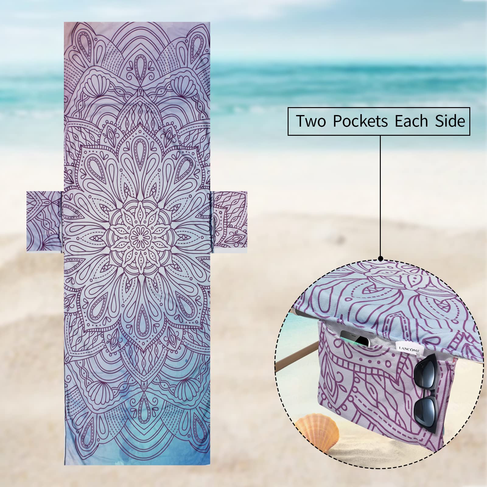 Bohemian Beach Chair Cover with Side Pockets - Thick Quick-Dry Chaise Lounge Towel Cover for Pool, Sunbathing, Garden & Hotel Use - Non-Slip Design (Purple) - Perfect for Vacation, Resort Relaxation and Outdoor Lounging