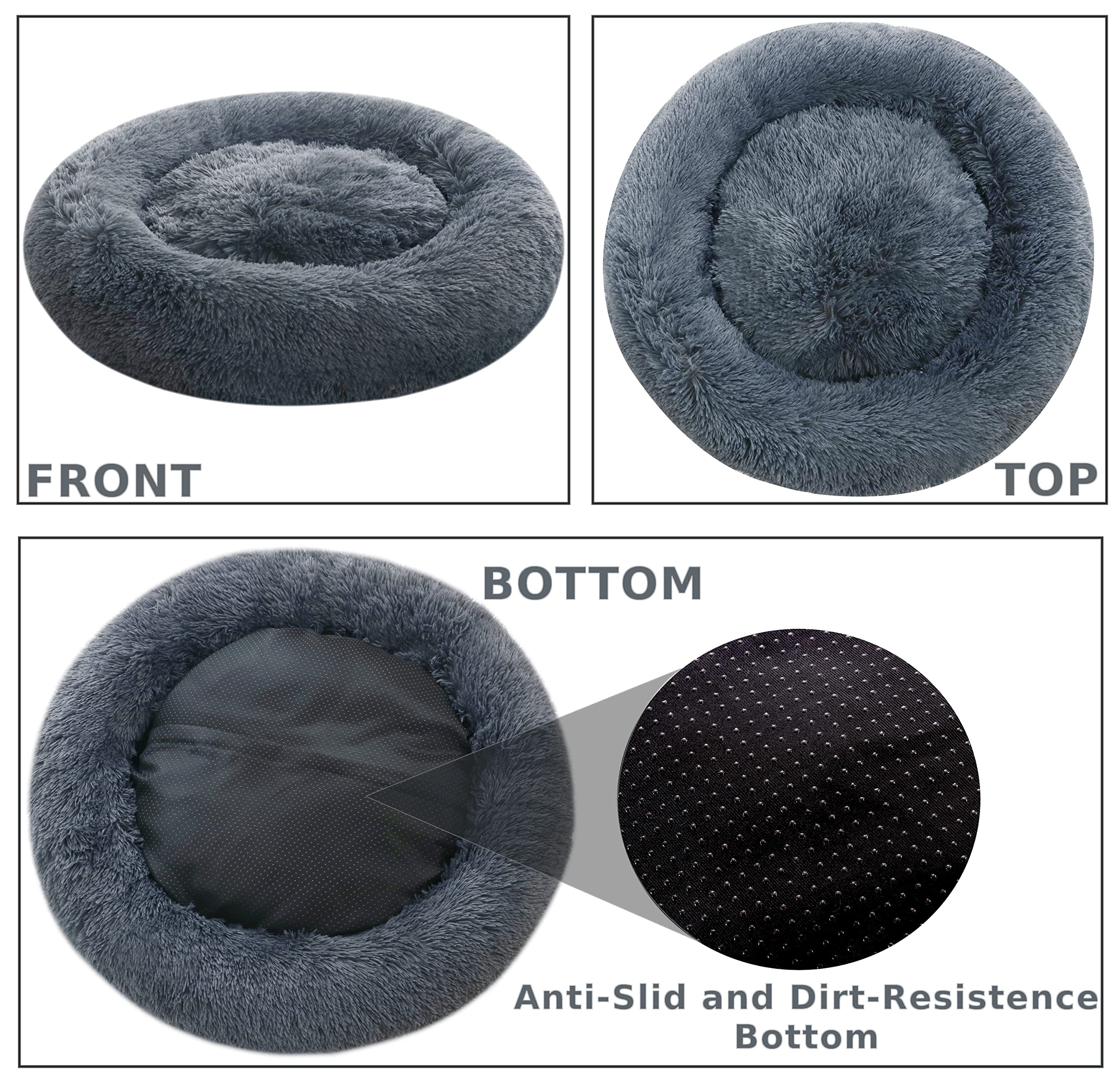 28 Inch Calming Donut Dog Bed - Round Anti-Anxiety Pet Bed with Removable Washable Cover, Soft Faux Fur Cuddler for Small to Medium Dogs - Fluffy Comfy Bed for Anxiety Relief & Cozy Napping (Dark Grey) - Perfect for Crates, Living Rooms & Bedrooms