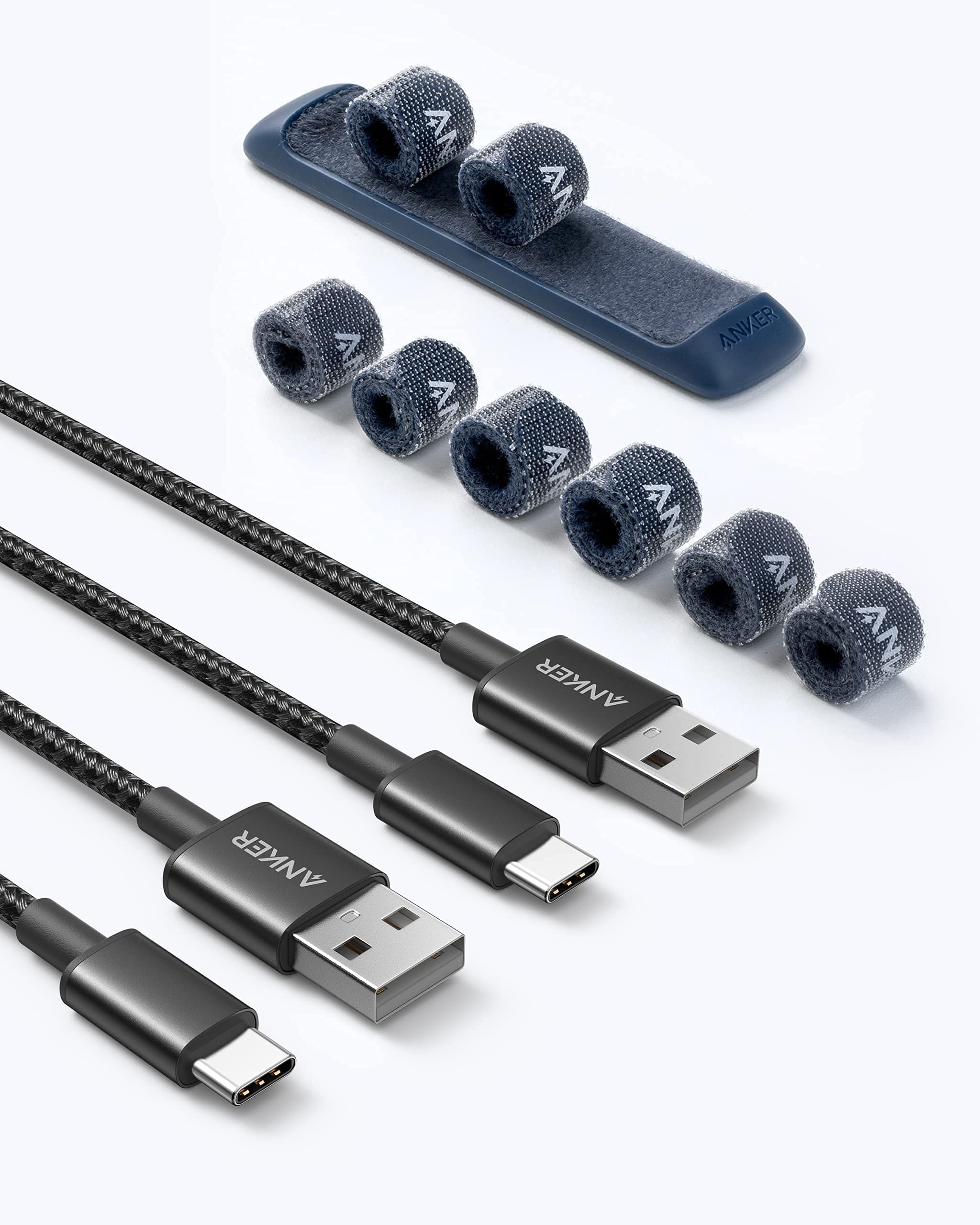Anker Reusable Cable Organizer with 8 Fastening Cable Ties & Nylon-Braided USB-A to USB-C Charger Cable (2 Pack, 6ft) - Perfect for Home Office, Travel, and Device Charging Organization
