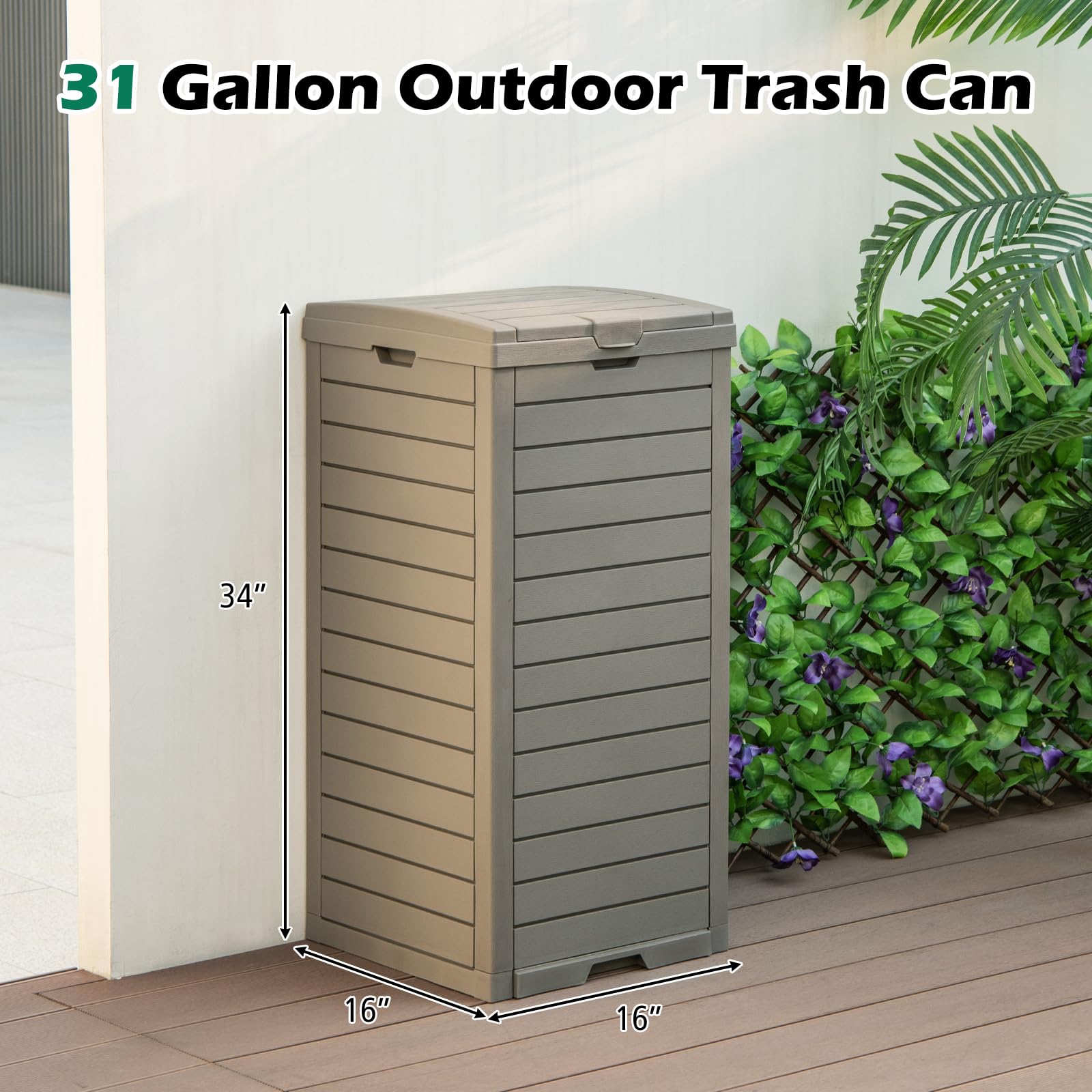 SAFSTAR 31 Gallon Outdoor Trash Can with Lid - Waterproof Large Resin Garbage Bin (16”x16”x34”) for 33-40 Gallon Trash Bags - Slidable Tray Design - Perfect for Patio, Backyard, Deck & Outdoor Spaces - Grey