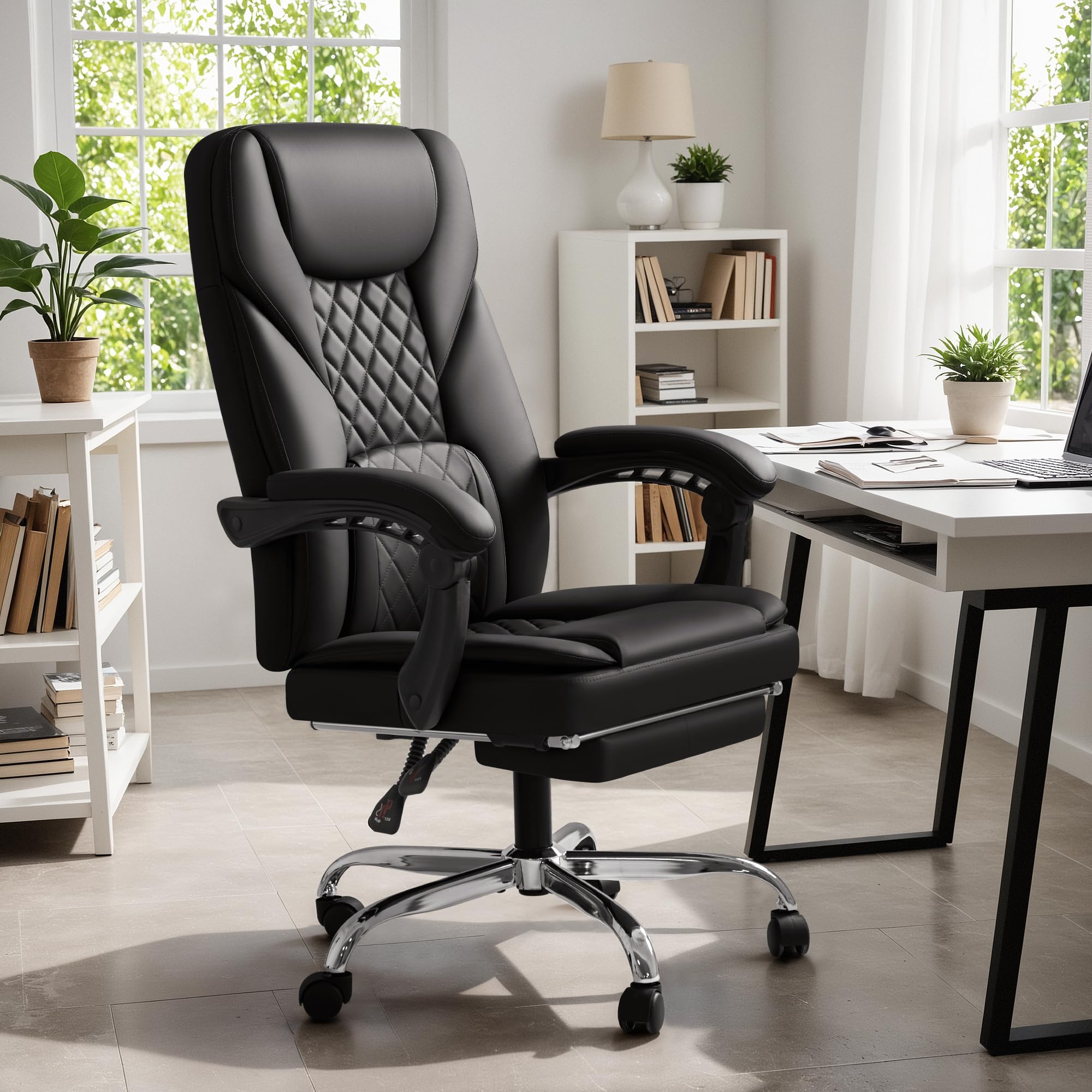 Furmax Ergonomic High Back Office Chair with Footrest - 400lbs Weight Capacity, 90-155° Reclining Leather Executive Desk Chair, Swivel Task Chair with Wheels (Black) - Perfect for Home Office, Gaming & Computer Workstations