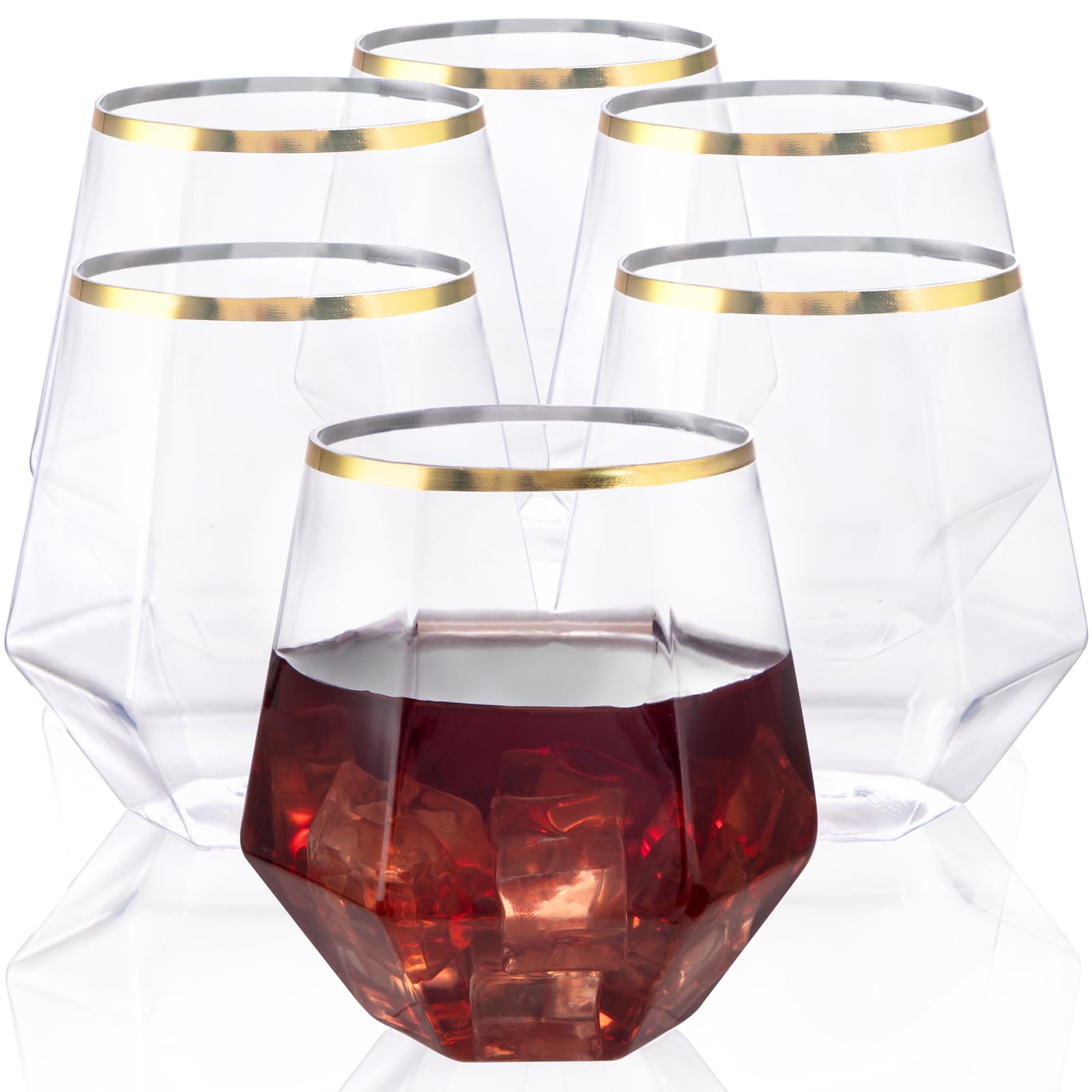 32 Pack Gold Rim Plastic Stemless Wine Glasses - 12oz Disposable Diamond-Shaped Whiskey Tumblers for Parties, Weddings & Events - Elegant Clear Plastic Cups for White Wine, Champagne & Cocktails
