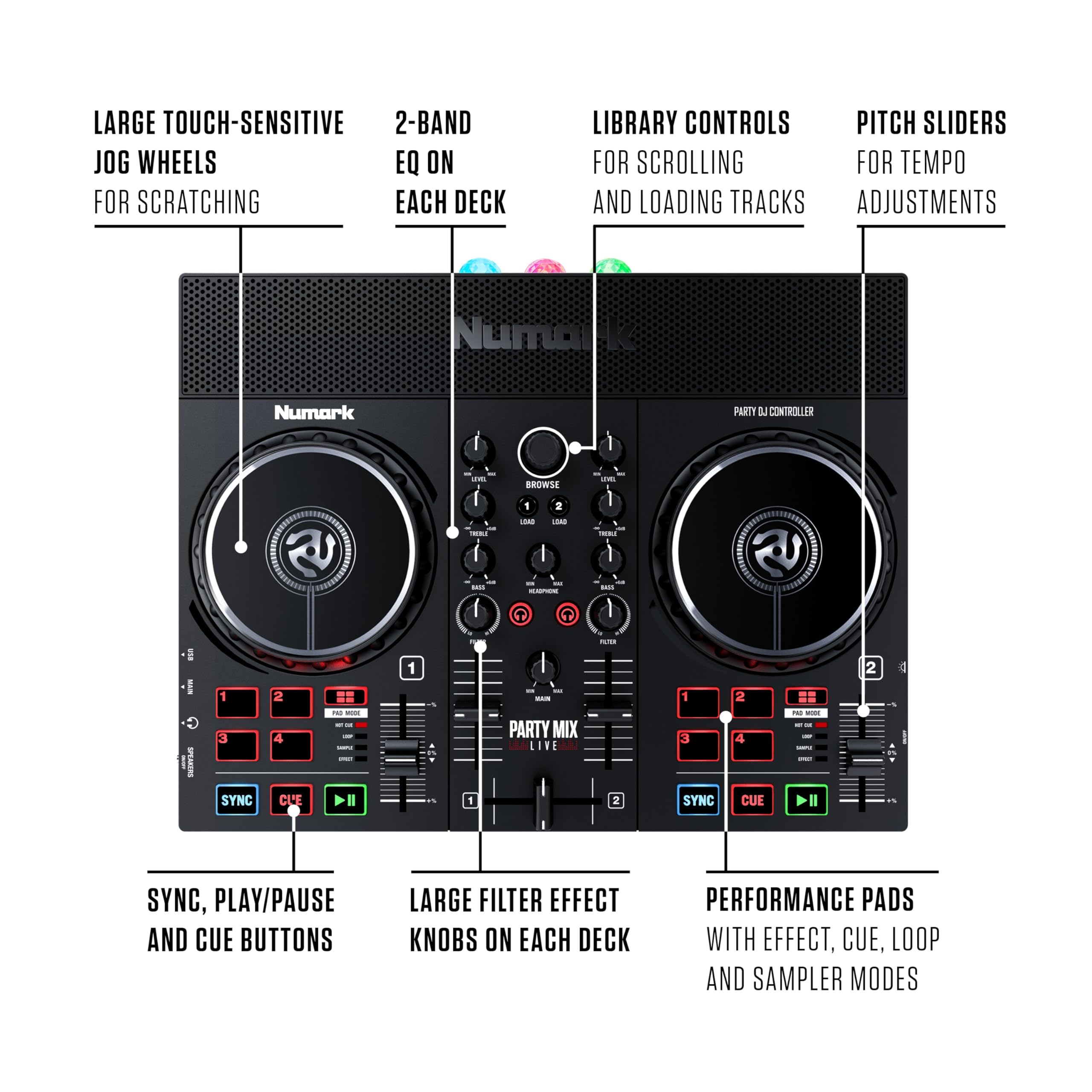 Numark Party Mix Live DJ Controller with Built-in Speakers, Party Lights & Mixer - Complete DJ Set with Audio Interface & Serato DJ Lite Software for Home Parties, Clubs & Live Performances