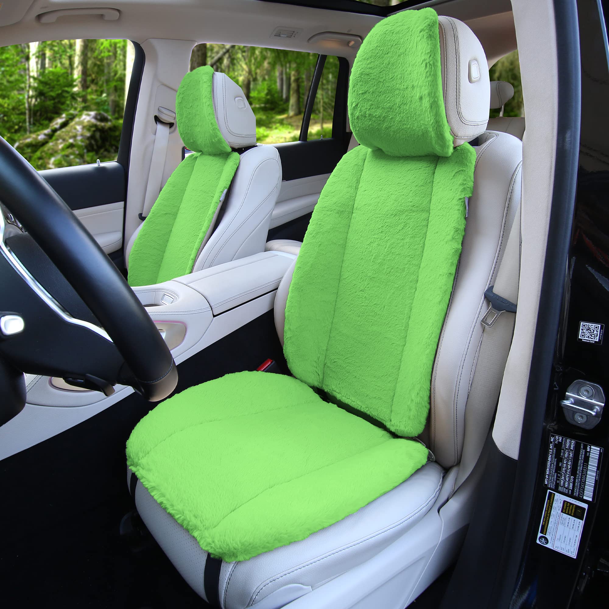 TLH Green Doe16 Faux Rabbit Fur Car Seat Cushions - Ultra Soft & Comfortable for Cars, Trucks, SUVs & Vans - Perfect for Winter Warmth & Long Road Trips