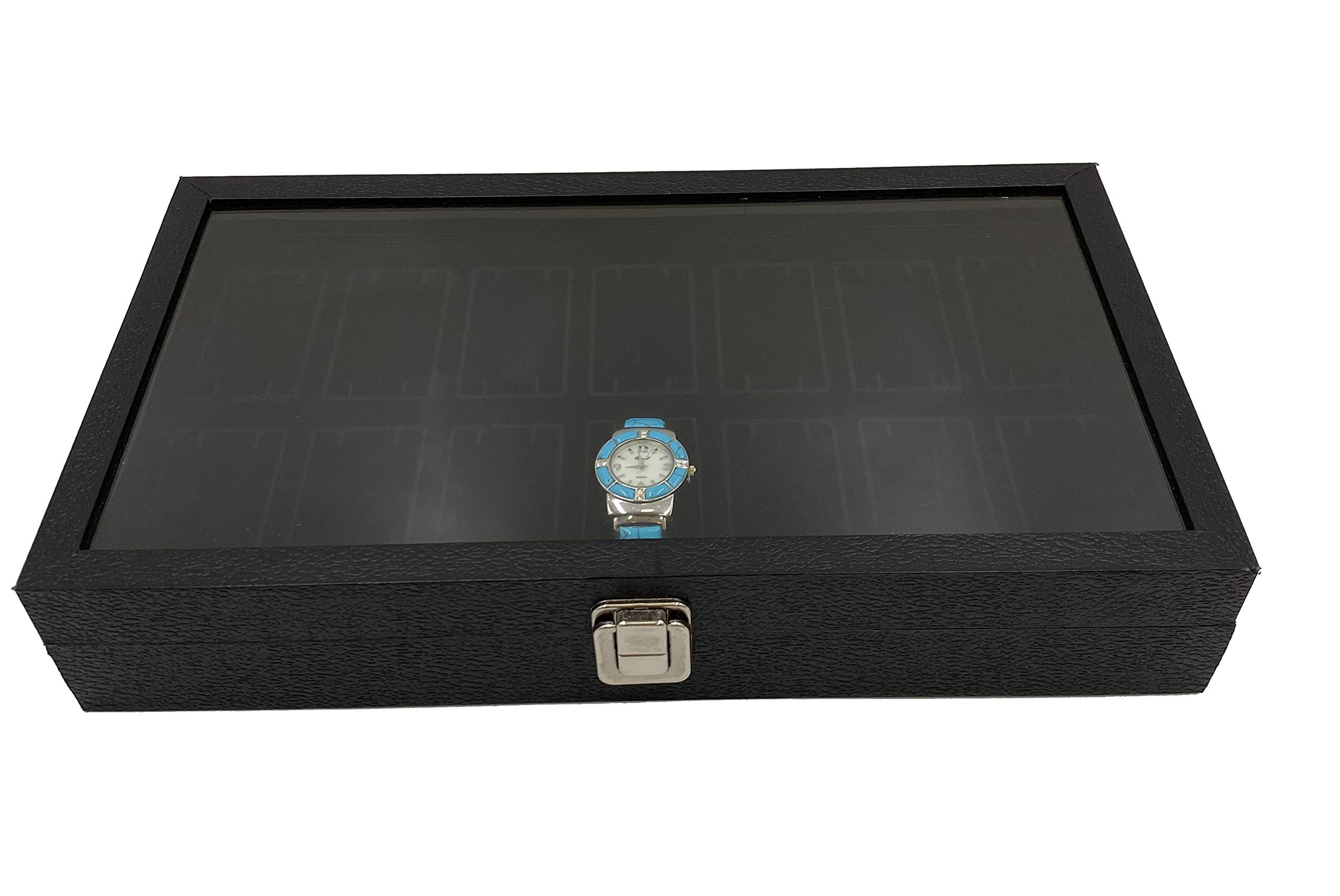 14 Slot Watch & Bangle Black Display Case with Glass Top & Removable Foam Collars - Jewelry Organizer for Retail Stores, Travel Storage & Watch Collection Display