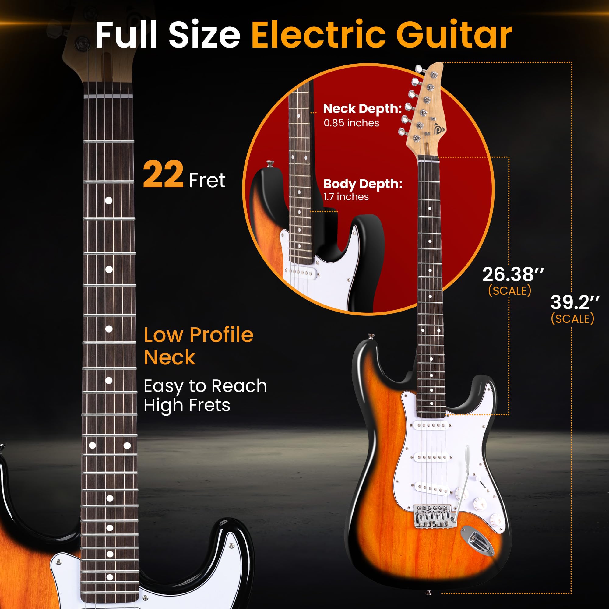 Pyle Full Size Electric Guitar Starter Kit with 5W Amp, Gig Bag, Accessories - ST-Style Beginner Guitar with 22 Frets, Paulownia Wood Body in Sunburst Finish | Perfect for Learning, Practice & Home Performances