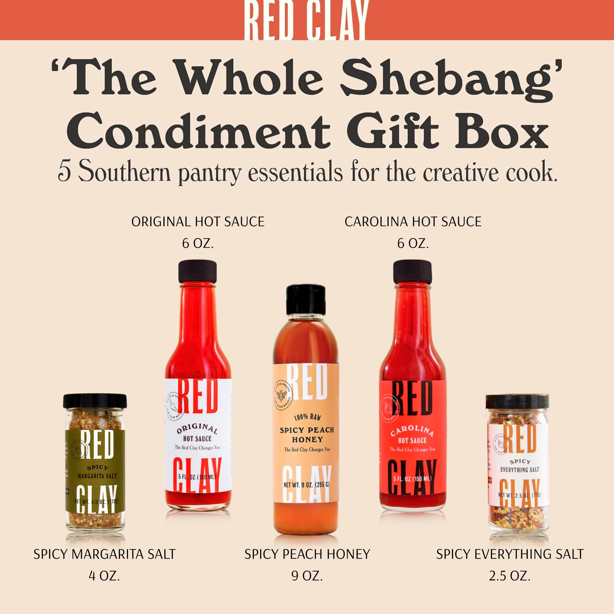 Red Clay Hot Sauce & Hot Honey Variety Pack – Original, Carolina Hot, Verde, Hot Honey & Southern Honey | Cold-Pressed, Fermented, Barrel-Aged Gourmet Hot Sauces | 100% Raw Natural Honey | 5-Pack Gift Set for BBQ, Wings, Pizza & Cocktails