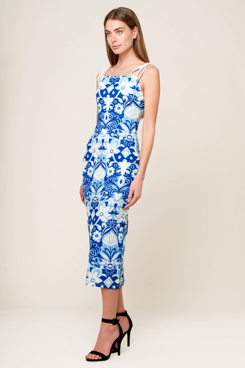 Bellamy Midi Dress - Blue & White Floral Print Women's Summer Dress for Casual Outings & Beach Vacations