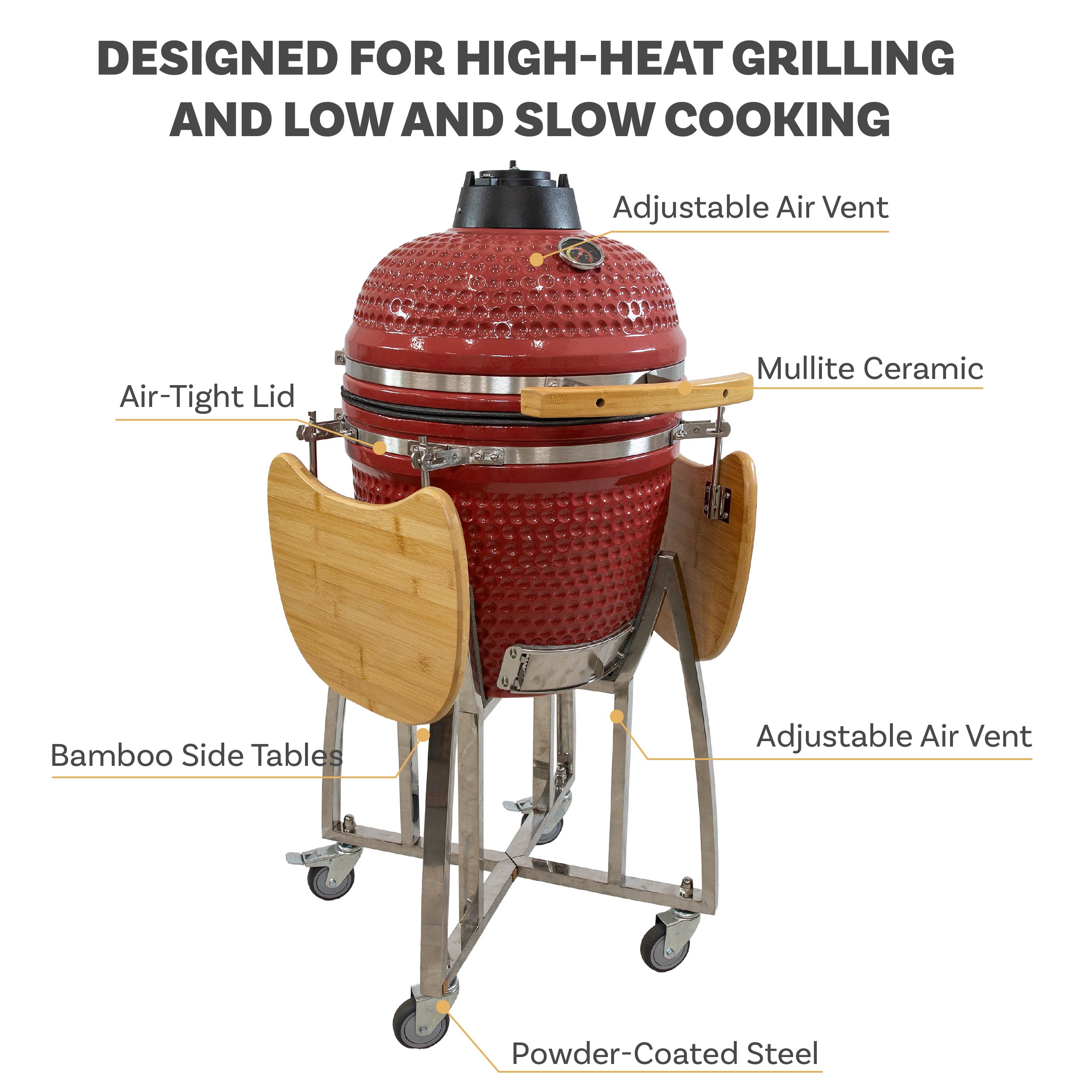 Premium Kamado Charcoal Grill & Smoker with Side Shelves & Wheels - Outdoor BBQ, Smoking, Grilling for Backyard, Patio & Camping
