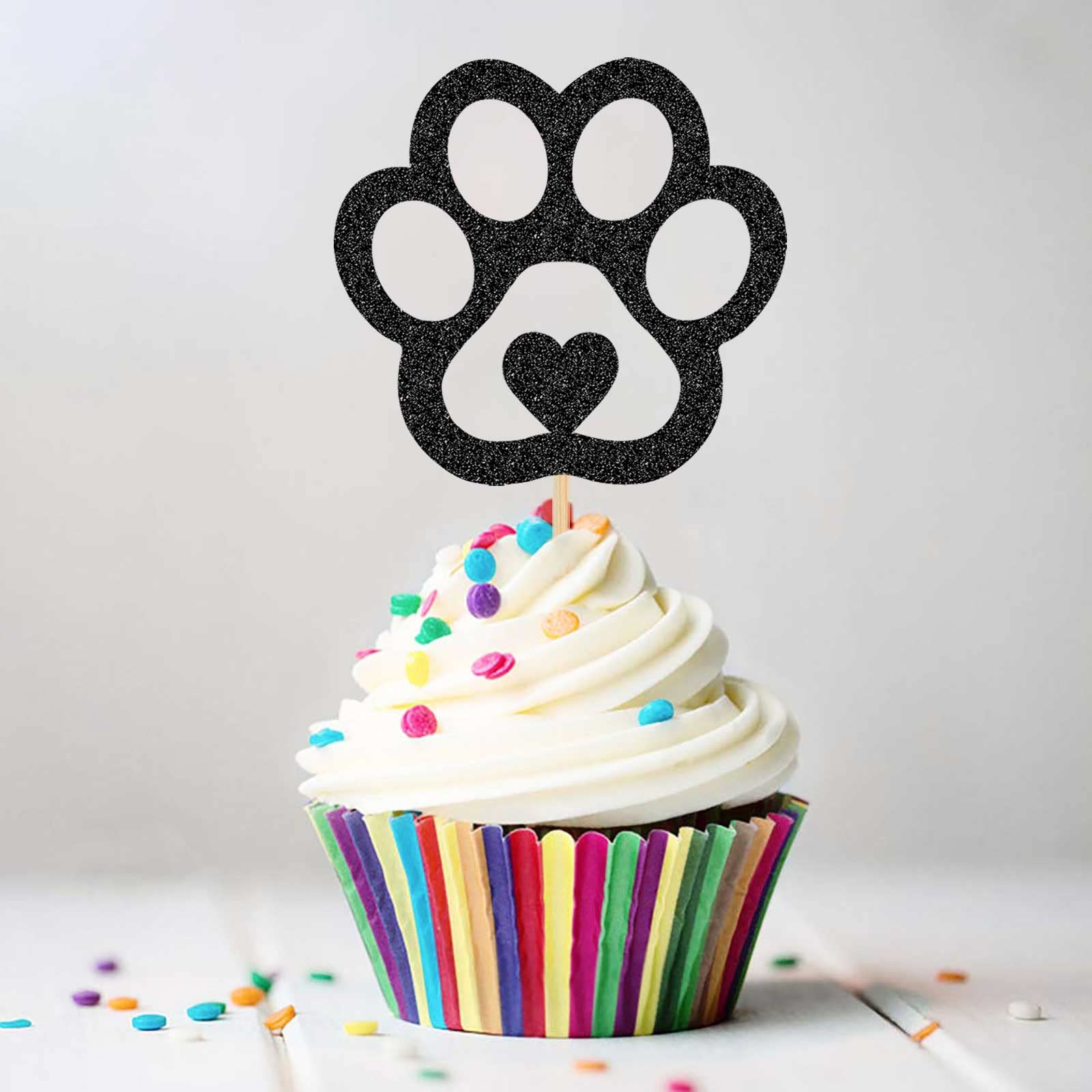 30pcs Glitter Dog Paw Cupcake Toppers - Puppy Themed Food Picks, Heart Shaped Cake Decorations for Dog Birthday Party, Puppy Shower, Pet Theme Celebration (Black) | Perfect for Dog Lovers, Birthday Cakes, Cupcake Decorations, and Pet-Themed Parties