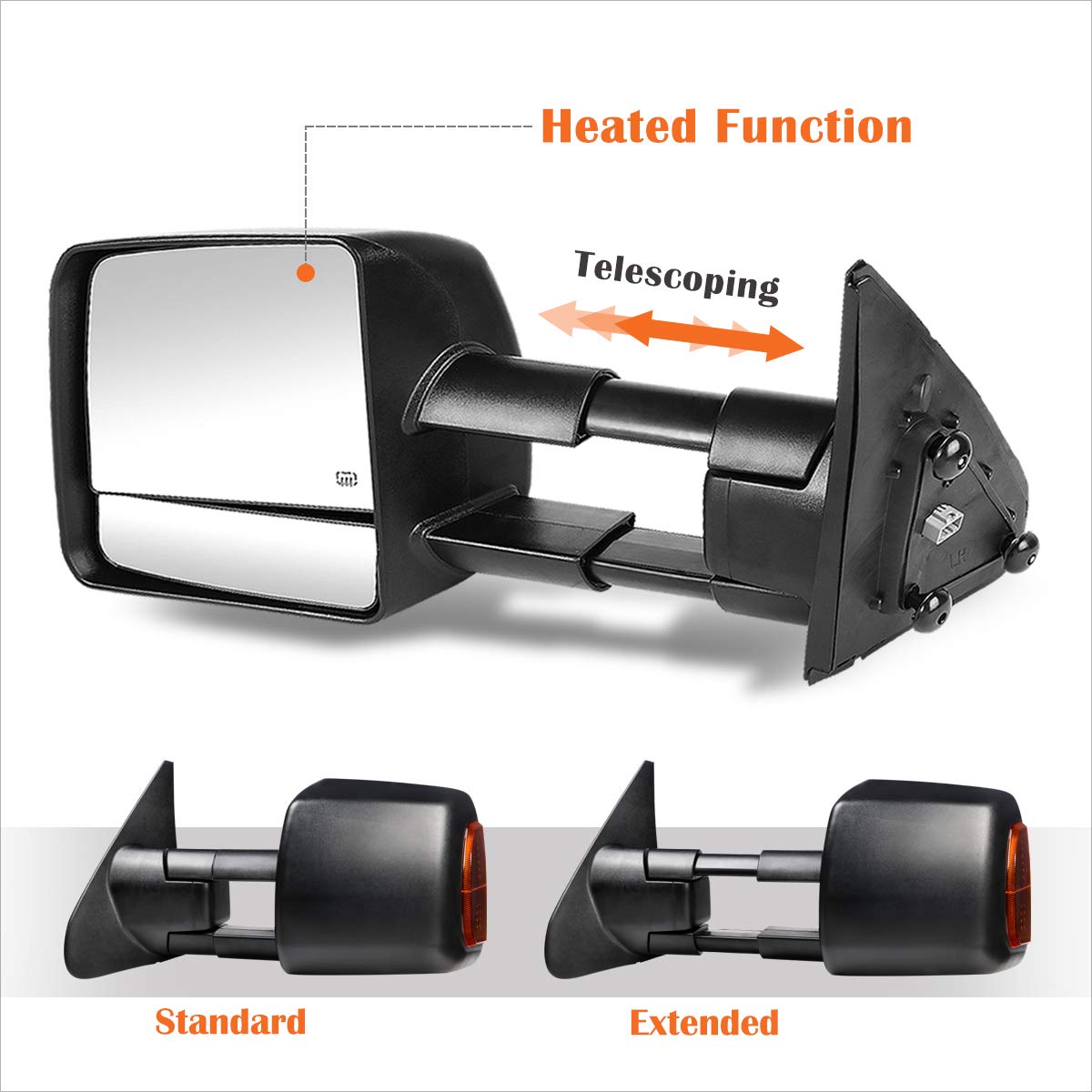 07-16 Toyota Tundra Power Heated Towing Mirrors with Amber LED Turn Signal - Passenger Side Black - Perfect for Towing Trailers & Enhanced Nighttime Visibility