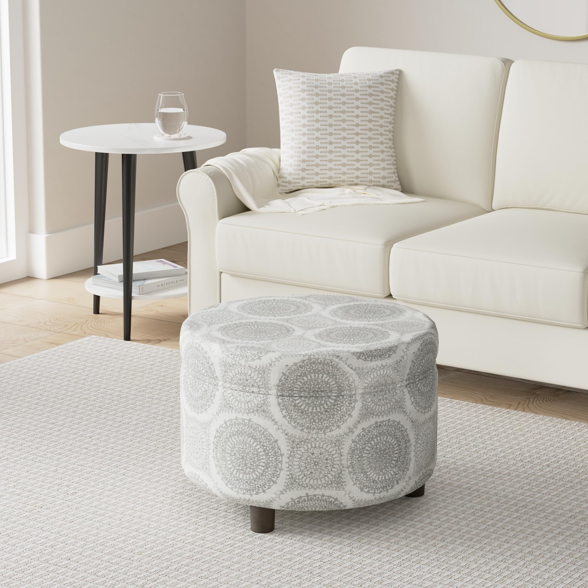 Homepop Round Storage Ottoman with Upholstered Fabric, Grey Medallion Design - 24