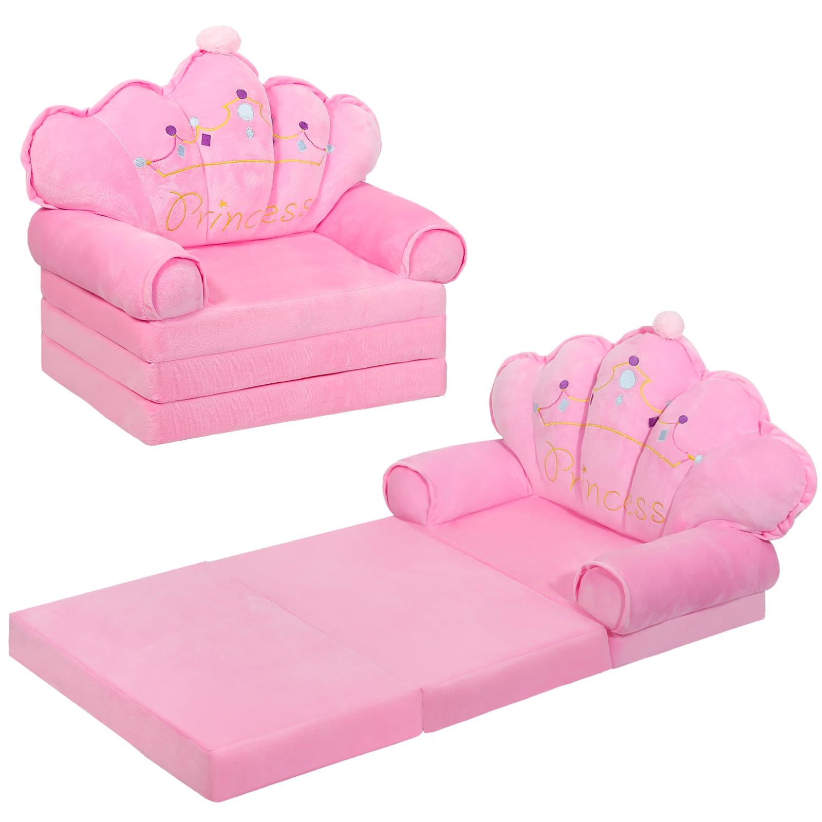 **Foldable Kids Sofa Chair - Comfy Toddler Couch for Girls 1-4 Years | Soft Pink Princess Chair for Bedroom & Playroom | Portable Baby Couch for Reading, Napping & Playtime (Water Pink)**