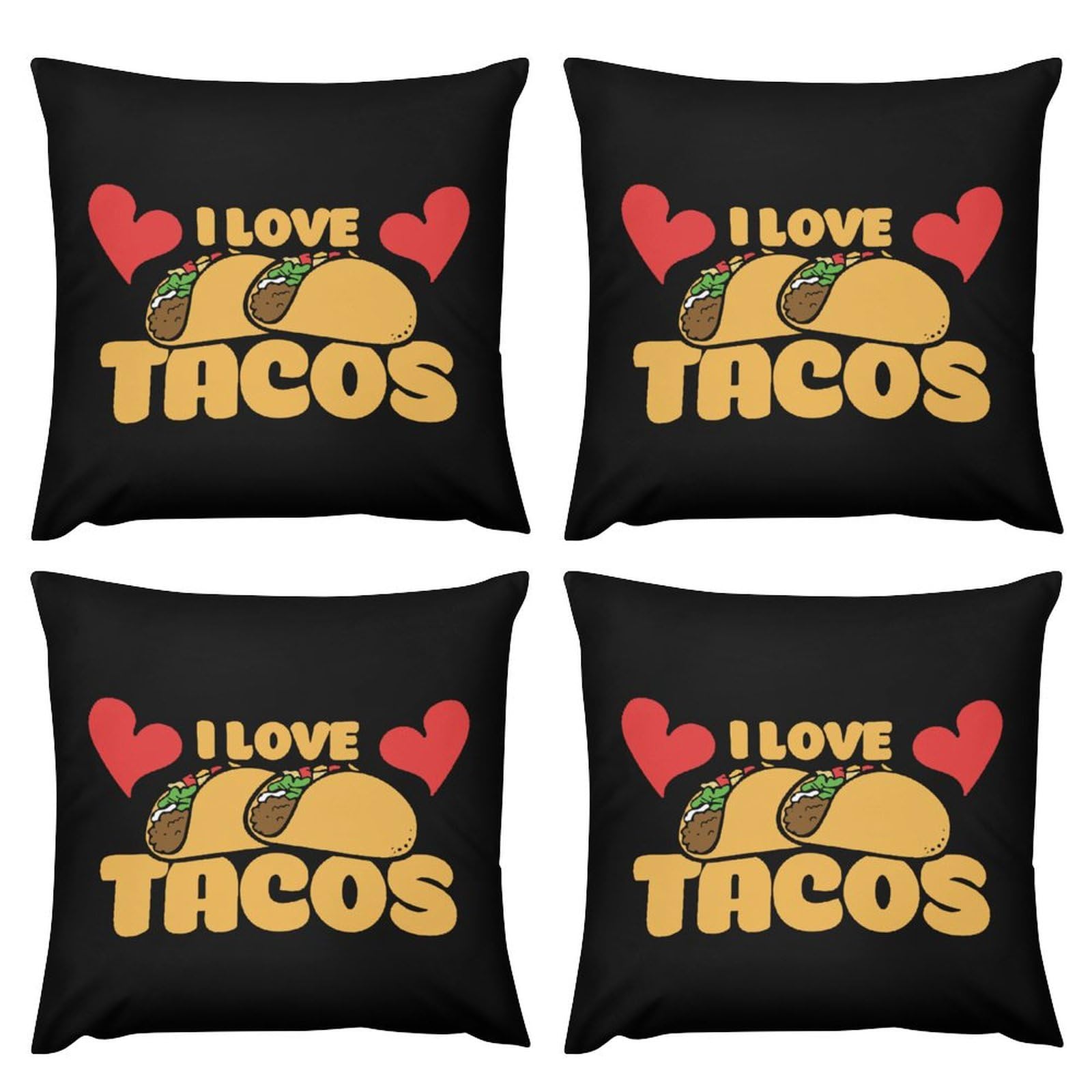 I Love Tacos Plush Pillow Covers - Ultra Soft 16x16 Inch Decorative Throw Pillow Cases for Couch, Bed & Sofa (Set of 4) - Perfect for Home Decor, Living Room & Cozy Movie Nights