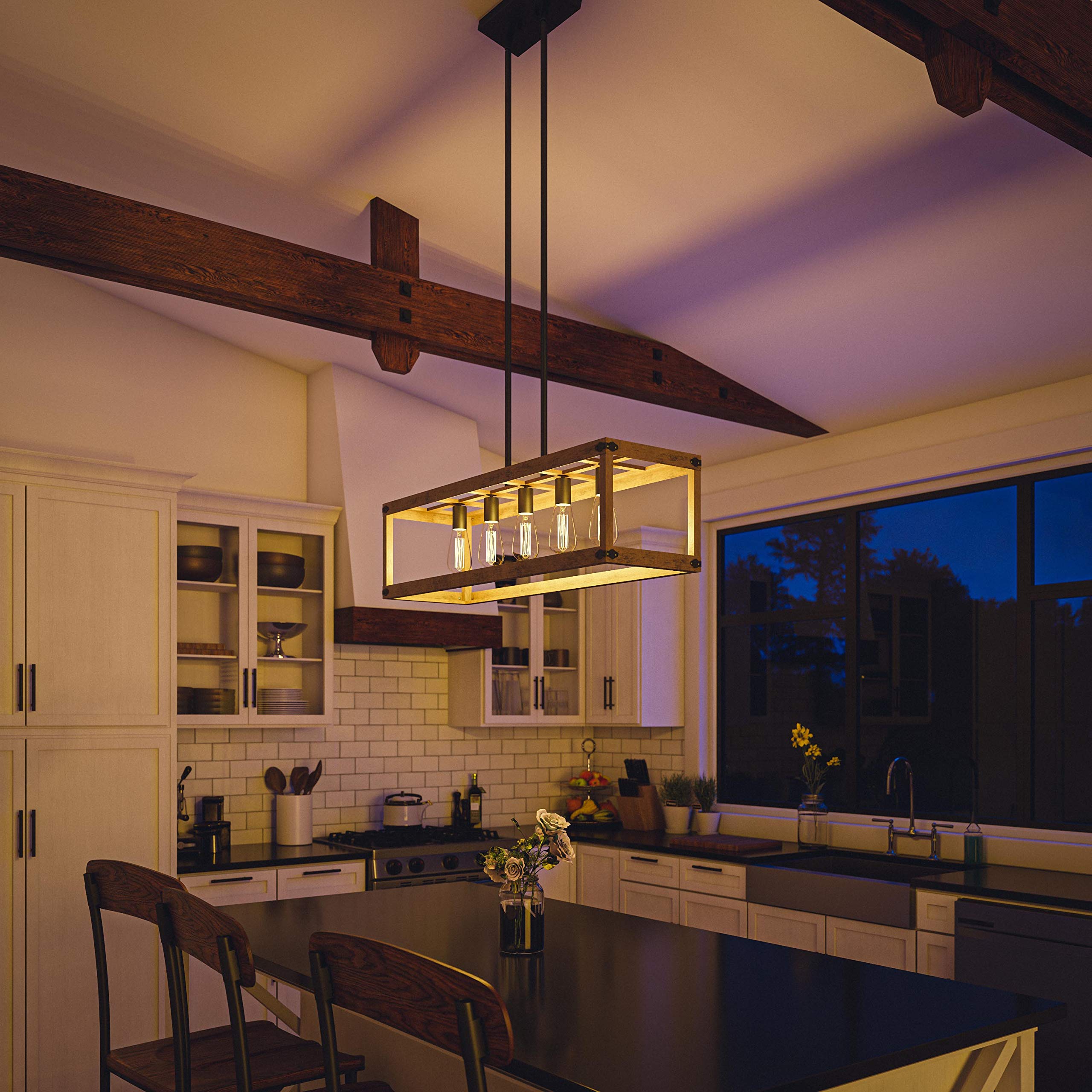 Kenroy Home 93965GRPH Swanson Island Ceiling Light - Distressed White Woodgrain with Graphite Finish - Medium Size Island Pendant Lighting for Kitchen, Dining Room & Farmhouse Decor