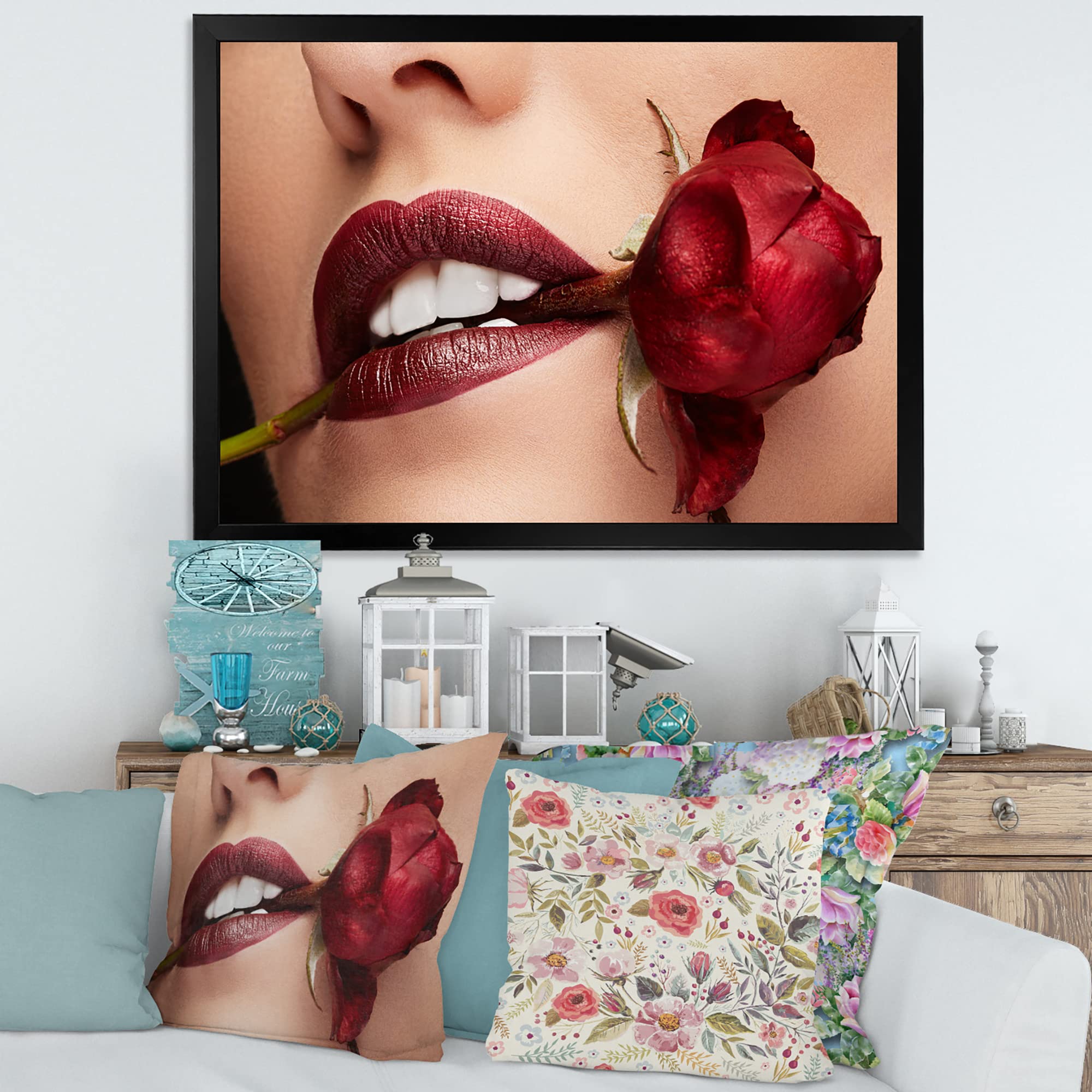 DesignQ Modern Framed Wall Art - Woman with Red Lipstick Holding Rose in Mouth - Elegant Home & Office Decor for Living Room, Bedroom, or Gift