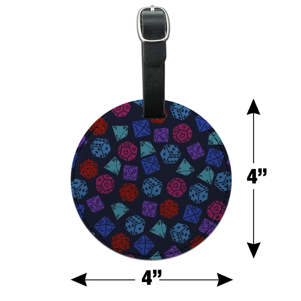 Dungeon Dice Pattern Leather Luggage Tag - Dragon Themed Round ID Card Holder for Travel Bags & Backpacks | Perfect for Gamers, Fantasy Lovers & RPG Enthusiasts