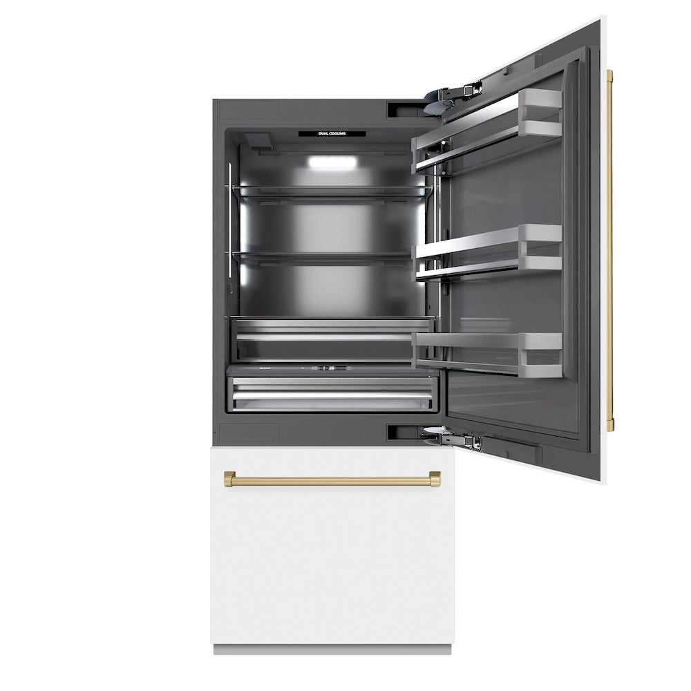 ZLINE Autograph Edition 36 Inch Built-In Bottom Freezer Refrigerator - 19.8 cu ft Capacity, Water Dispenser & Ice Maker - White Matte Exterior with Graphite Gray Interior & Champagne Bronze Accents - Perfect for Modern Kitchens & Luxury Homes (GRBITZ WM 36 CB)