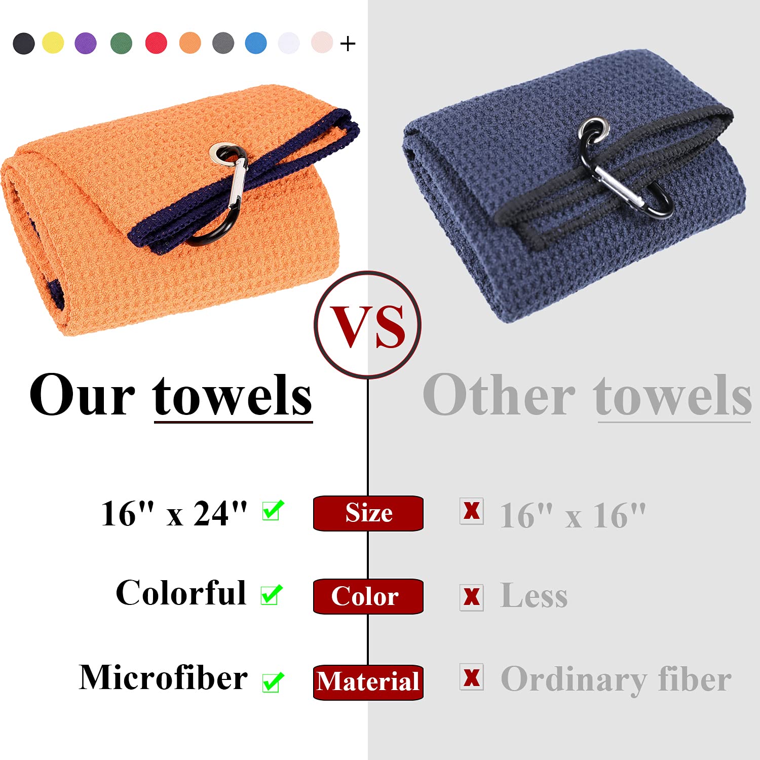 **VIVIDLY 2 Pack Premium Microfiber Golf Towels - Tri-Fold Waffle Pattern with Heavy Duty Carabiner Clip, Orange Golf Accessories for Men - Perfect for Golf Bags, Clubs & On-Course Use**