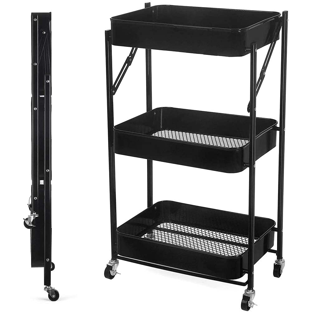 3-Tier Foldable Rolling Utility Cart with Wheels - Metal Mesh Storage Shelf Organizer for Bathroom, Office, Coffee Bar | Portable Storage Trolley for Home, Kitchen, Laundry Room & Retail Stores