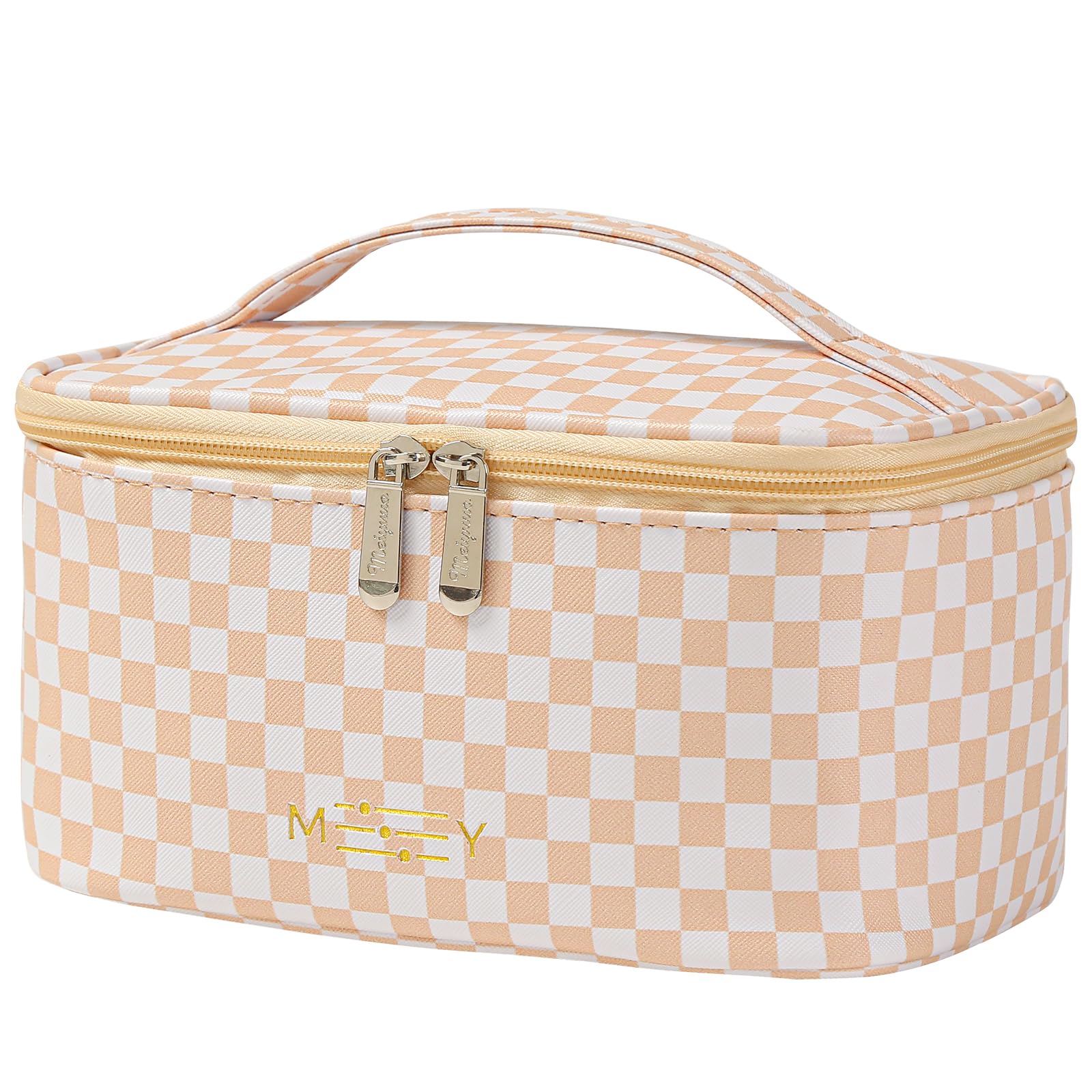 KITENROM Waterproof Makeup Bag for Women - Small Travel Cosmetic Pouch with Multi-Color Plaid Design, Pink Checkerboard Toiletry Organizer Case | Perfect for Travel, Gym, Daily Essentials & Beauty Storage