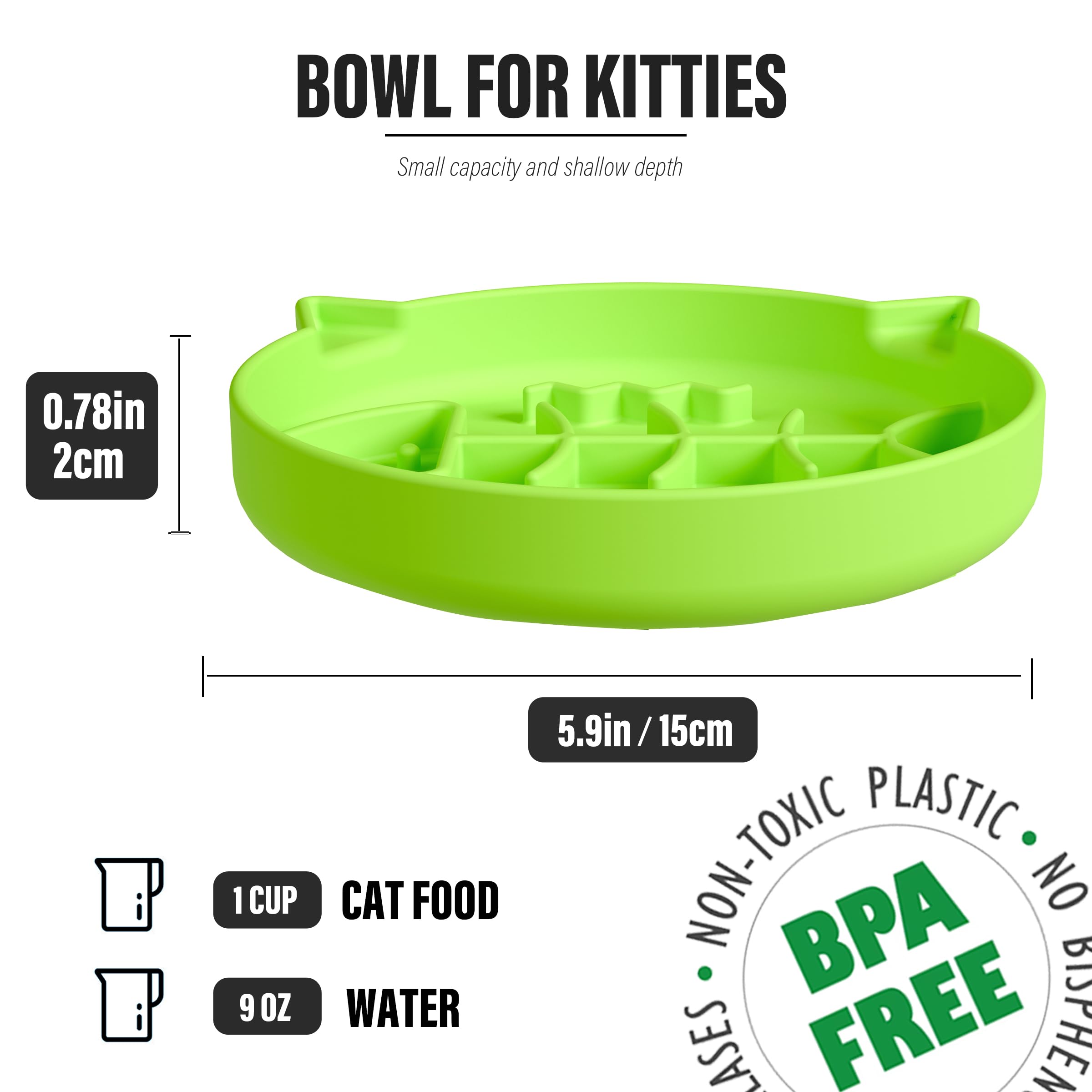 Non-Slip Silicone Cat Slow Feeder Bowl with Suction Cups - Puzzle Feeder for Wet/Dry Food - Interactive Cat Toy to Prevent Overeating & Aid Digestion - Perfect for Kittens & Adult Cats (Green, 1 Cup) - Great for Mealtime Enrichment & Portion Control