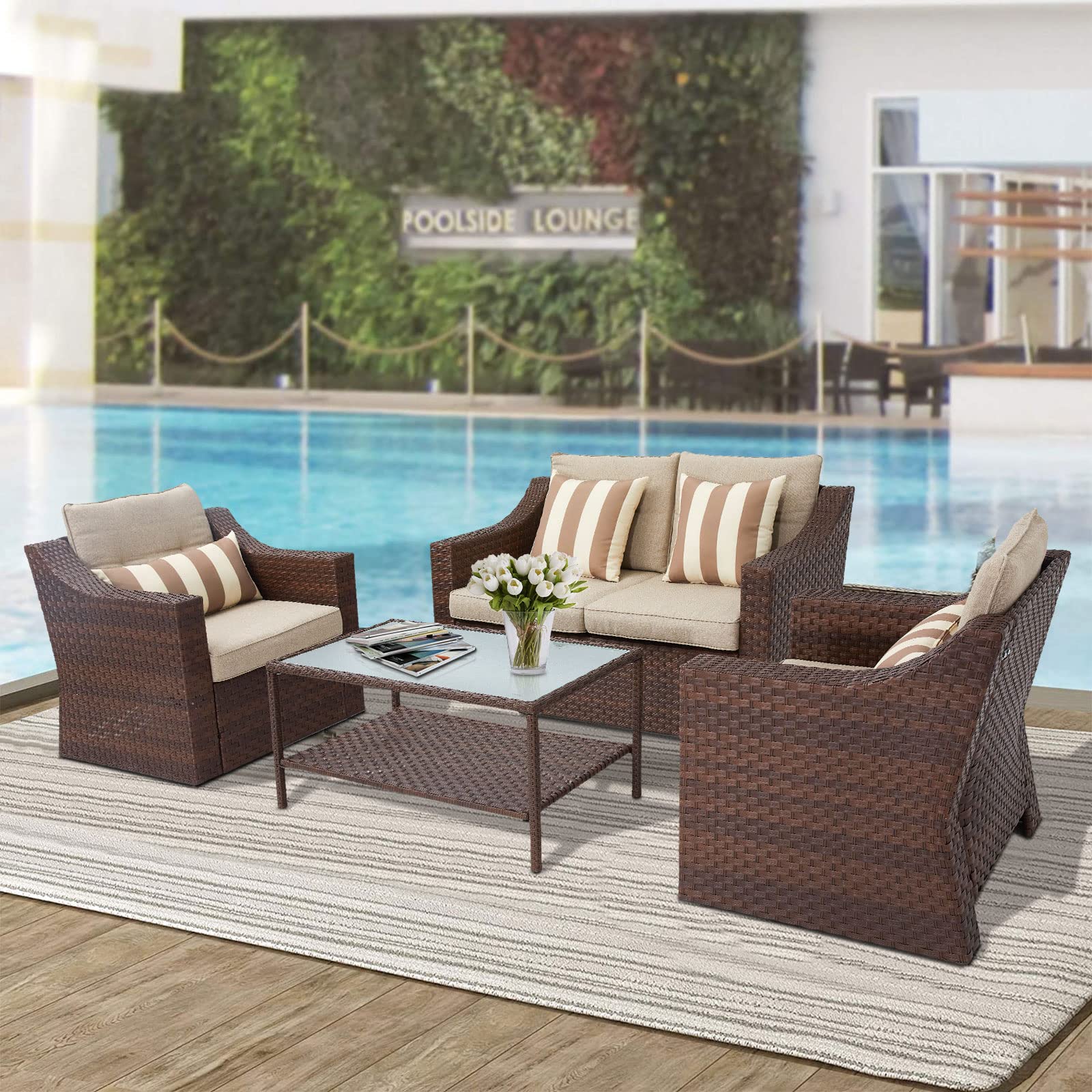 Outdoor Furniture 4-Piece Conversation Set - All-Weather Brown Wicker with Beige Cushions & Glass Coffee Table - Perfect for Patio, Garden, Poolside & Backyard Relaxation