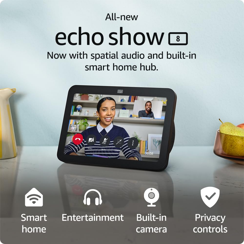 Certified Refurbished Amazon Echo Show 8 (3rd Gen, 2023) - HD Smart Display with Alexa, Spatial Audio & Smart Home Hub - Charcoal - Perfect for Kitchen, Living Room & Bedroom