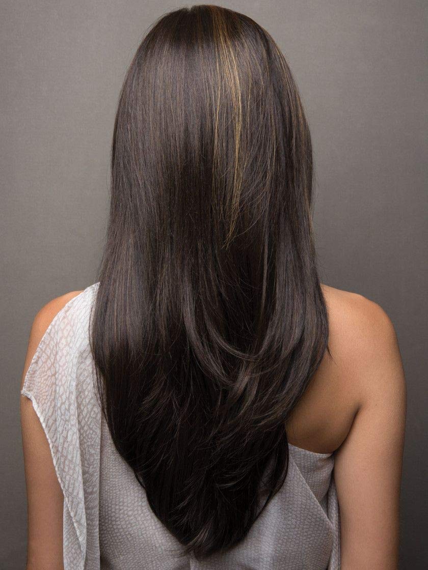 Angelica Partial Monofilament Wig - Dark Chocolate Long Straight Layered Synthetic Hair with Built-In Volume for Women | Includes Wig Comb & Hair Loss Booklet | Perfect for Daily Wear, Cosplay, and Hair Loss Solutions