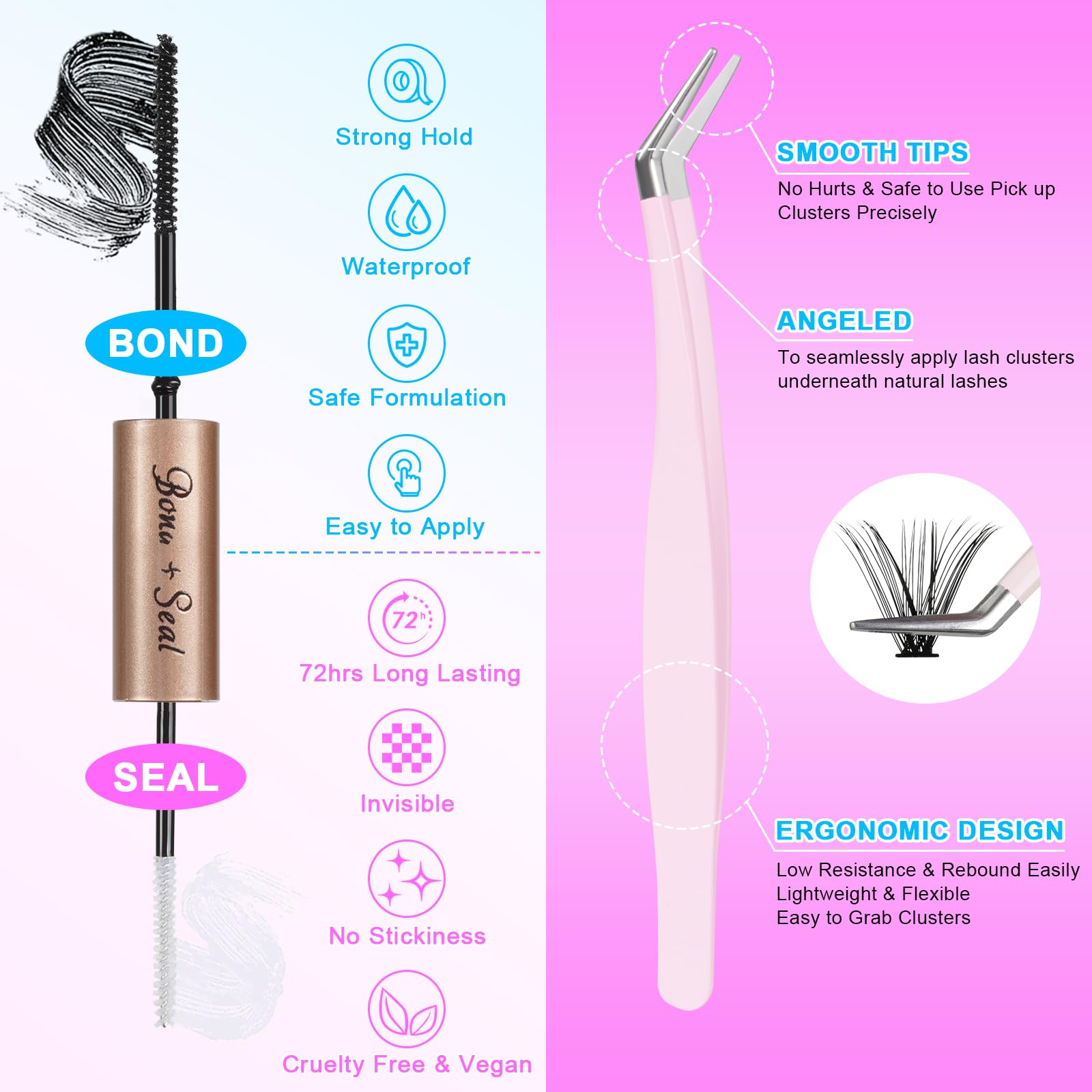Professional DIY Eyelash Extension Kit - 280pcs D Curl Individual Cluster Lashes (9-16mm Mix) with Super Hold Bond & Seal, Includes Lash Applicator Tool for Home Use - Perfect for Bridal, Party & Everyday Glam Looks (40D-0.07D-9-16MIX)