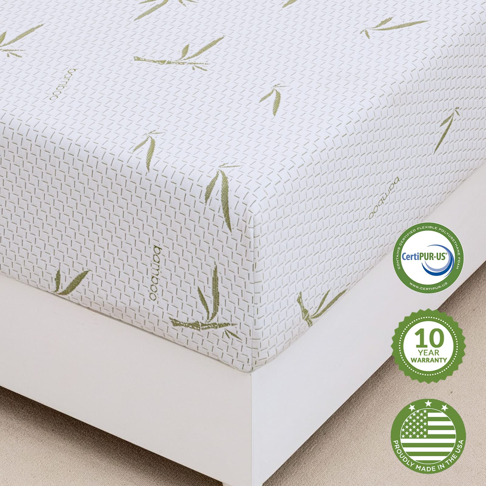 10 Inch Memory Foam Mattress in a Box - Medium Firm Green Tea Gel for Pressure Relief, Breathable Bamboo Cover, CertiPUR-US Certified, Made in USA | Perfect for Back Pain Relief, Guest Rooms & Small Apartments