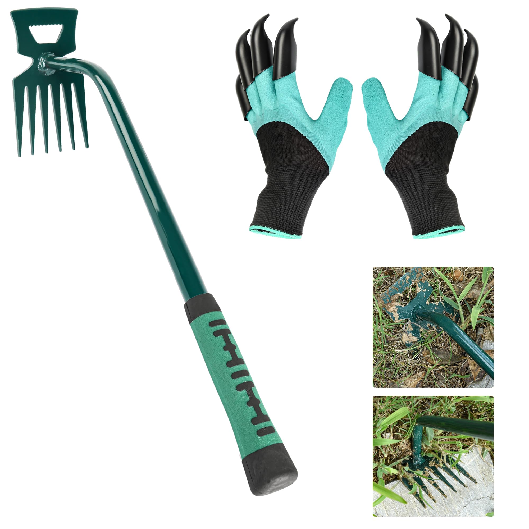 6-Tine Steel Hand Weeder & Claw Gloves Kit - Dual Purpose Weed Puller Tool for Gardening, Farming, Yard Work - Perfect for Cultivating, Loosening Soil, Planting & Mulching | Ideal for Home Gardens, Farms & Landscaping Projects