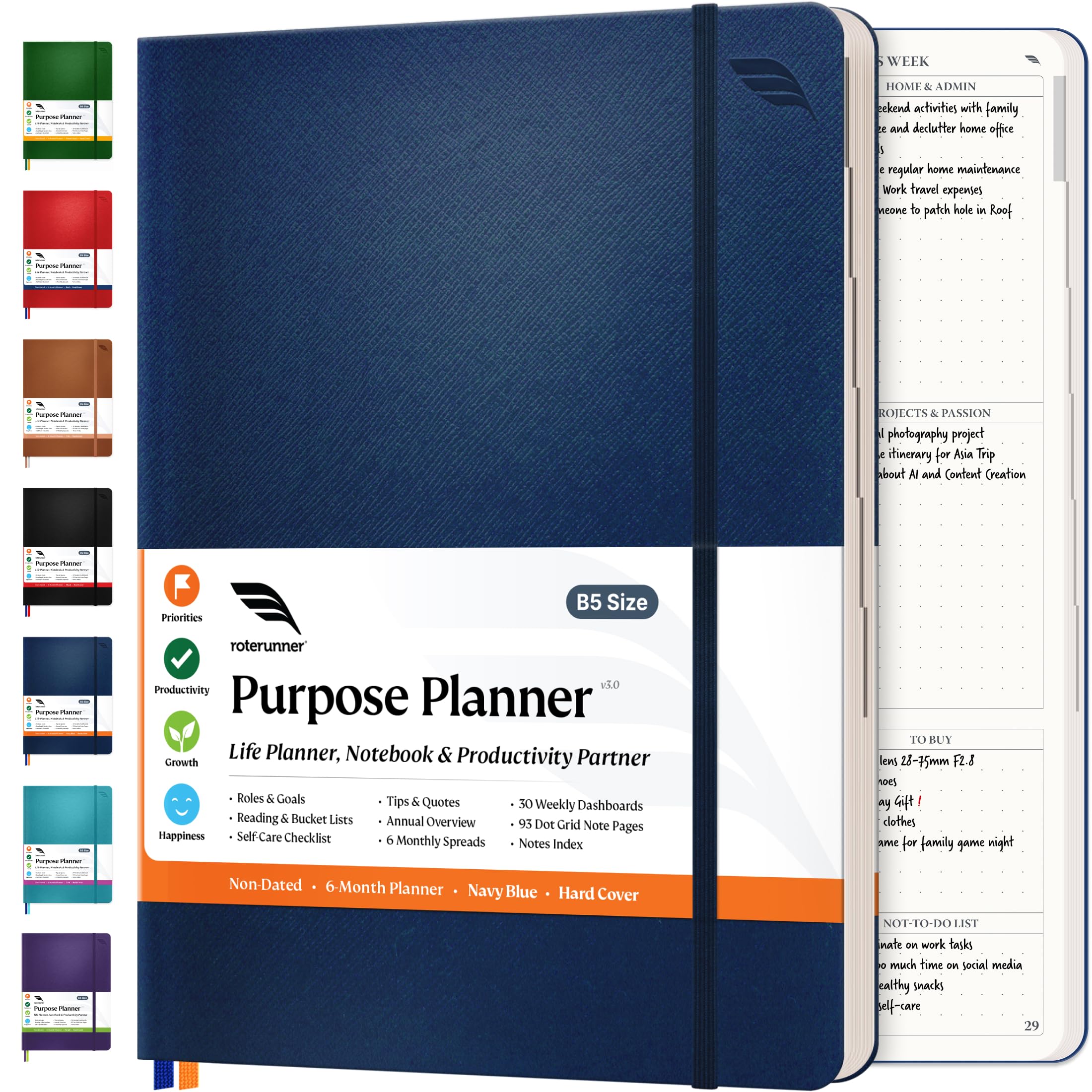 Roterunner Purpose Planner Notebook - B5 7.5”x9.8” Undated Daily Weekly Monthly Productivity Planner for Work & Home - ADHD Planner for Adults, Self Care Journal, Goal Setting Tool (Perfect for Office, School, Time Management & Mental Health Organization)