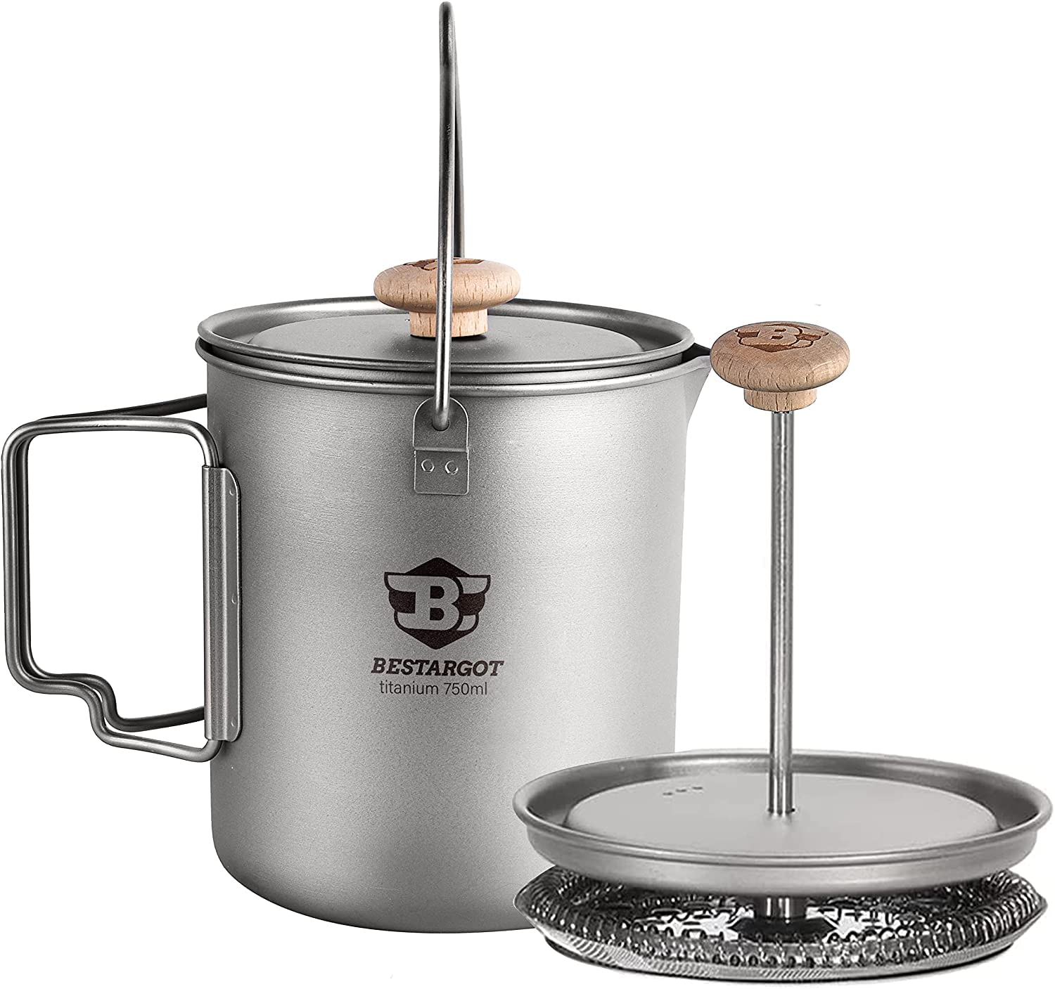 Bestargot Titanium Pot 750ml - Ultralight Portable French Press Coffee Maker & Camping Cookware | Survival Gear for Backpacking, Hiking & Outdoor Adventures | Compatible with Camp Stoves & Backpacking Burners | Perfect for Camping, Travel & Emergency Preparedness
