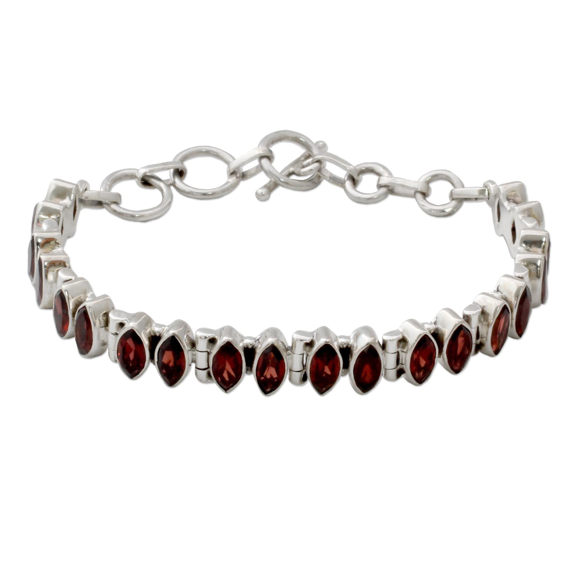 Handmade Sterling Silver Garnet Tennis Bracelet - Indian Artisan Jewelry, Red Marquise Birthstone Gift for Women (6.75